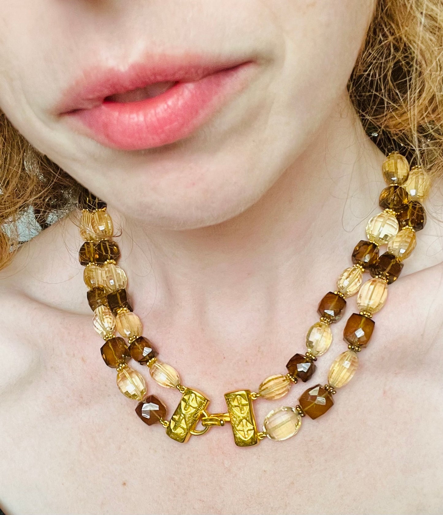 Vintage Faceted Citrine and Smokey Quartz Double Strand Necklace