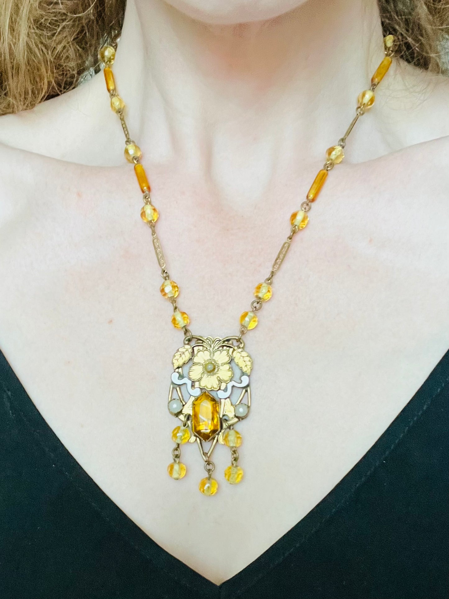 Vintage Citrine Czech Glass Enamel 1930s Necklace