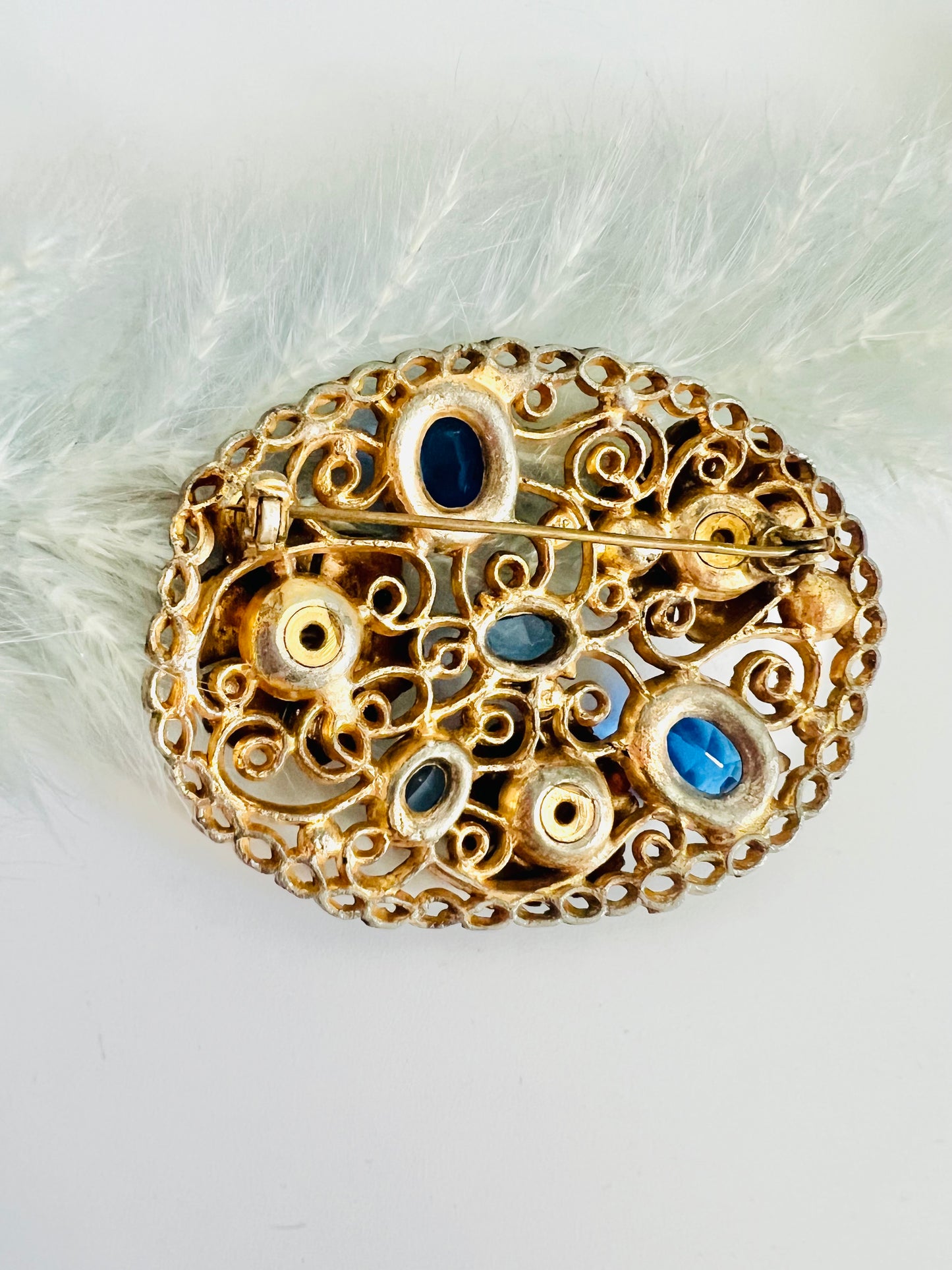 Vintage 1950s Blue Glass Flower Garden Brooch Pin