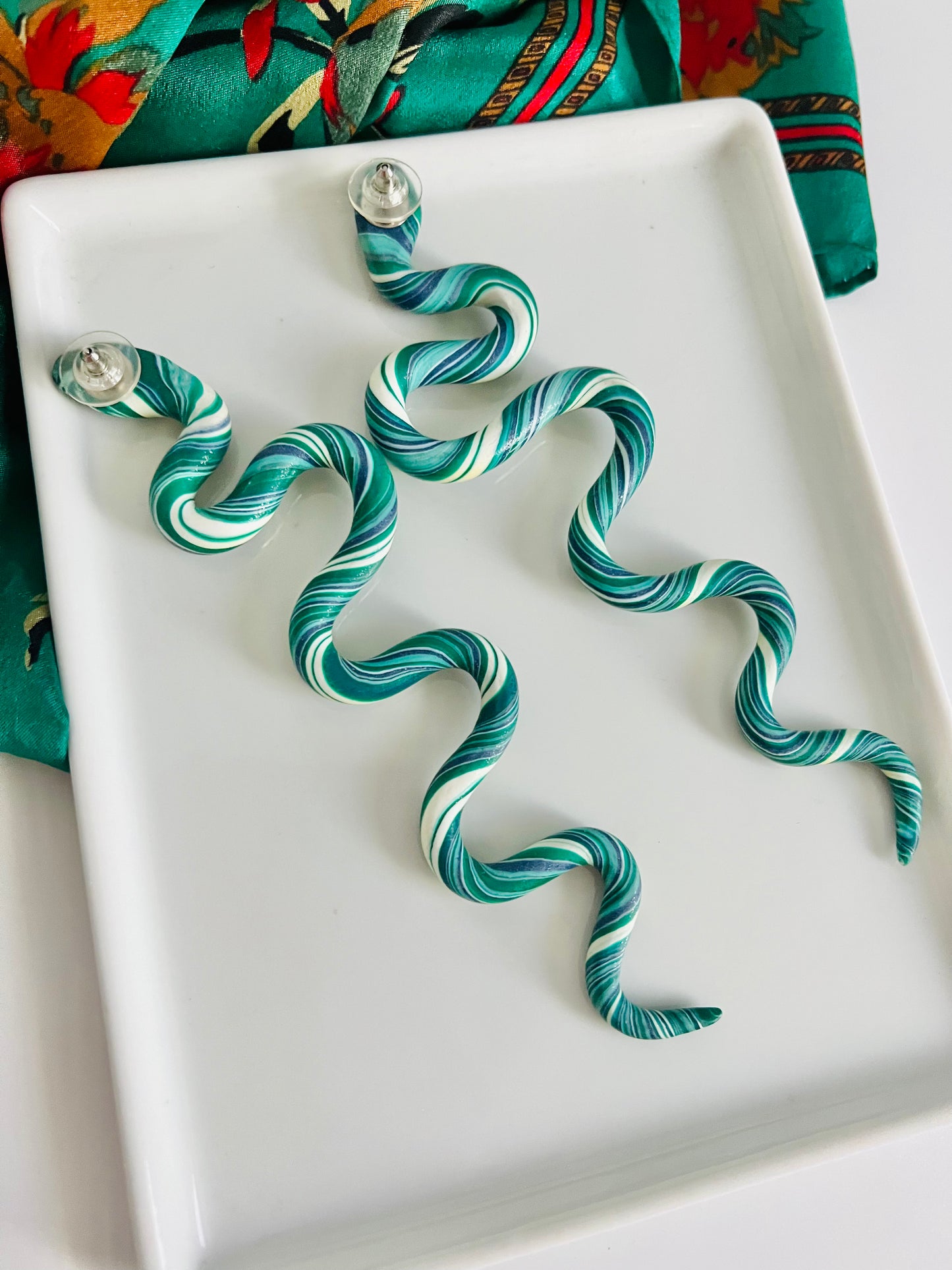 Vintage Handcrafted Slithering Snake Green Artisan Earrings