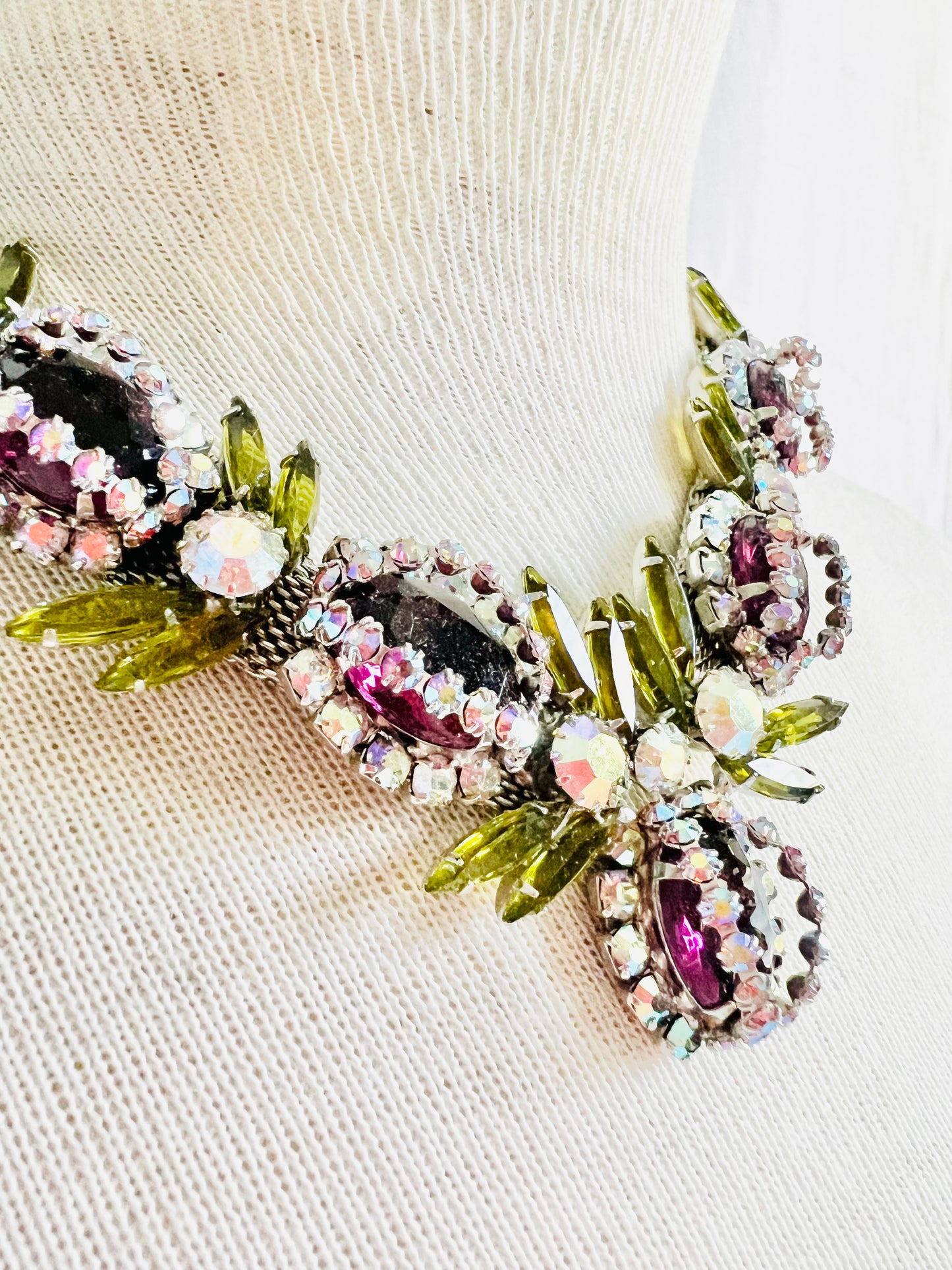 Vintage 1950s Art Glass AB Rhinestone Bib Necklace Set