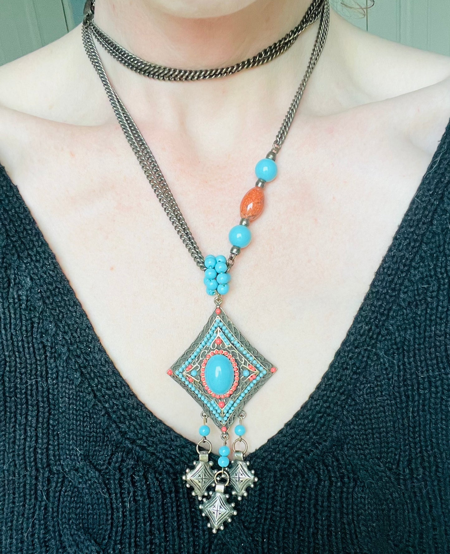 Vintage 1970s Signed Hobe Faux Turquoise and Coral Necklace