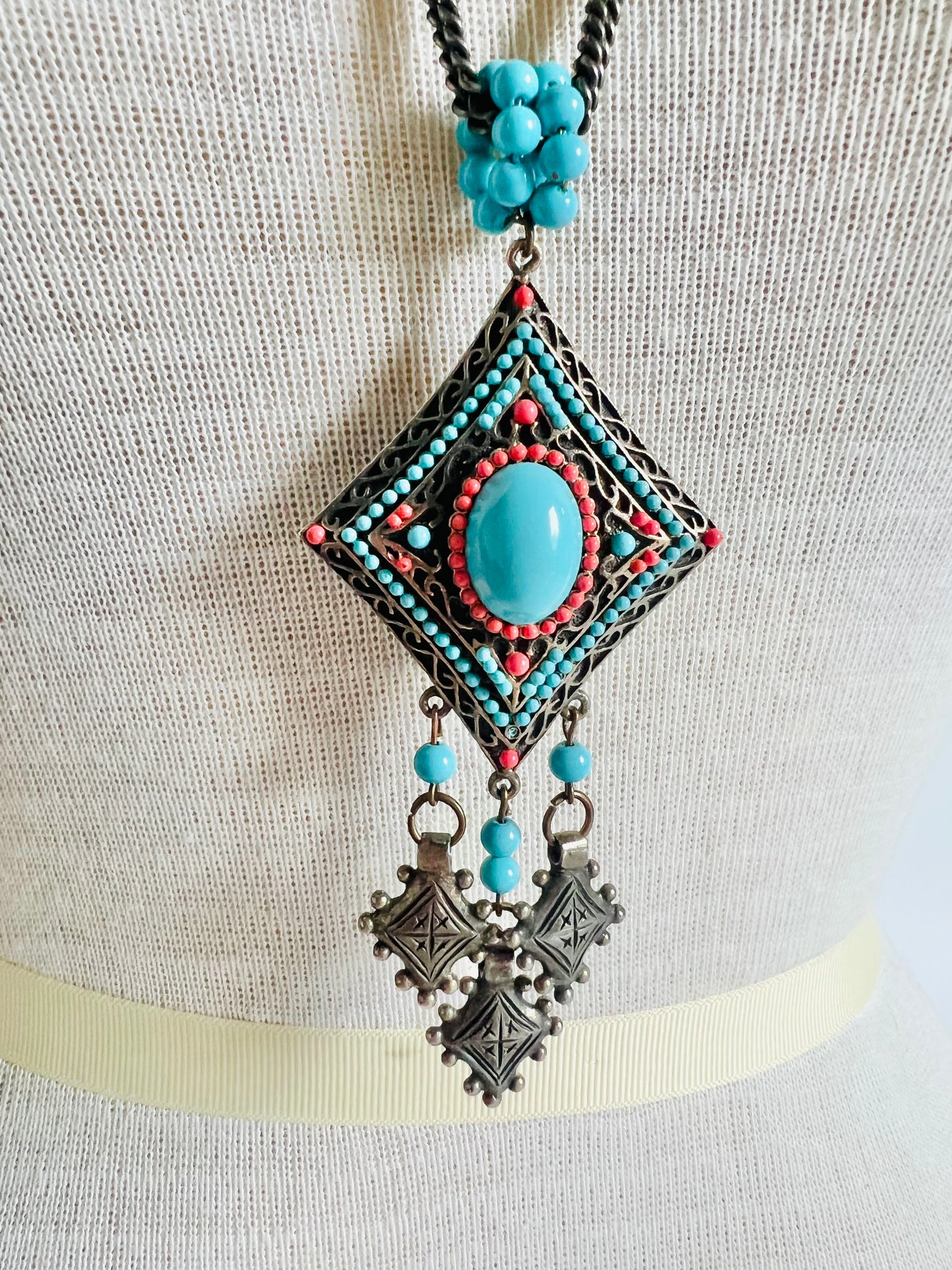 Vintage 1970s Signed Hobe Faux Turquoise and Coral Necklace
