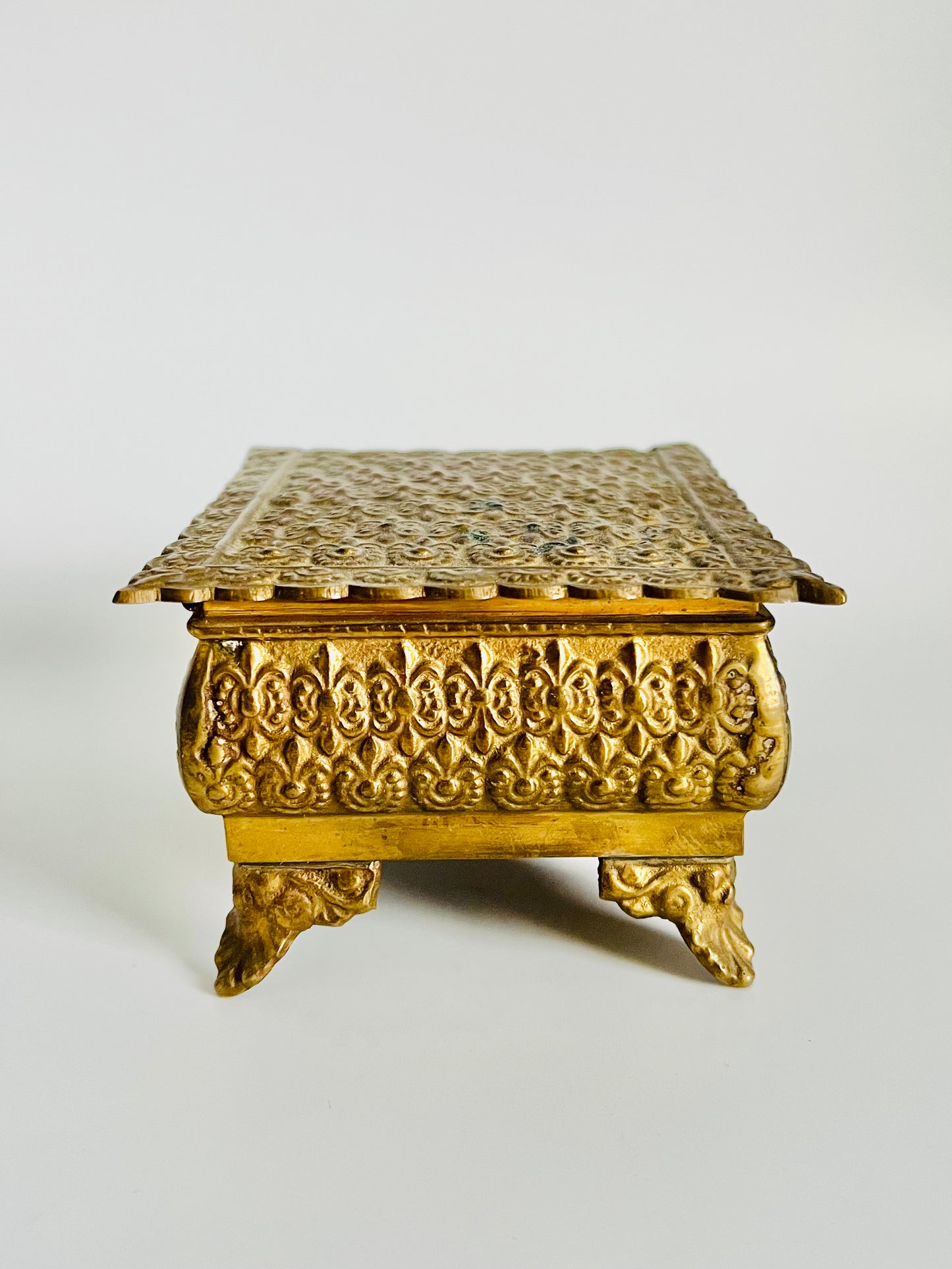 Vintage Midcentury Heavy Brass Keepsake Box with Ornate Feet