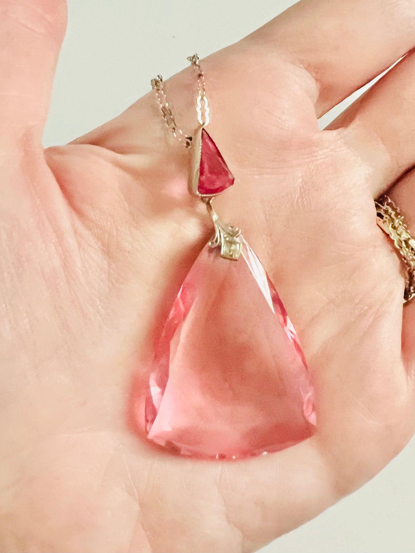 Vintage Pink Faceted Glass Triangle Pendant Necklace