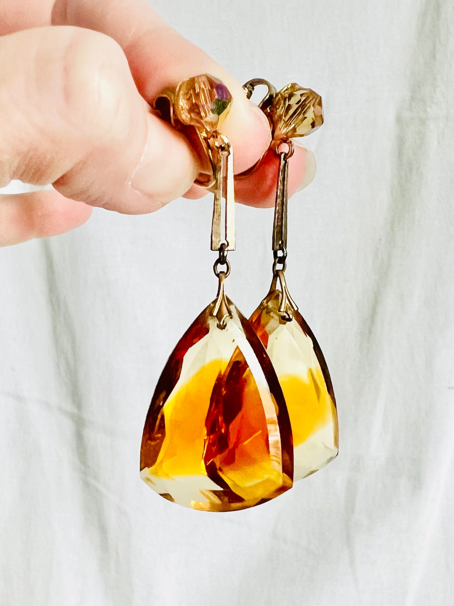 Massive 1960s Faceted Glass Drop Clip Earrings