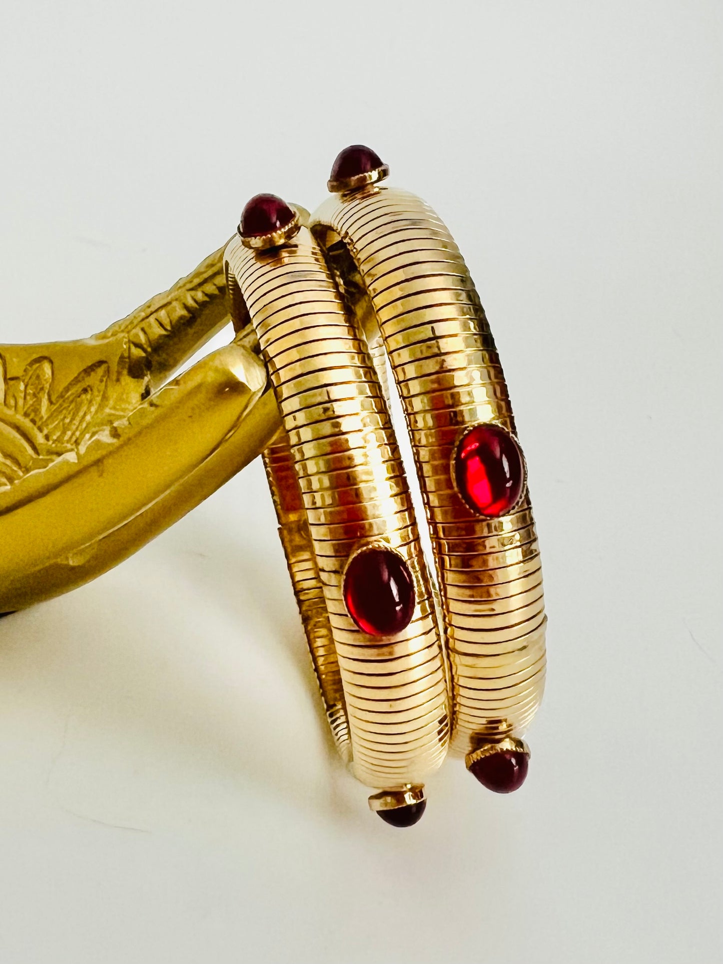Vintage Red Glass Gold Tone Expandable Bracelets
