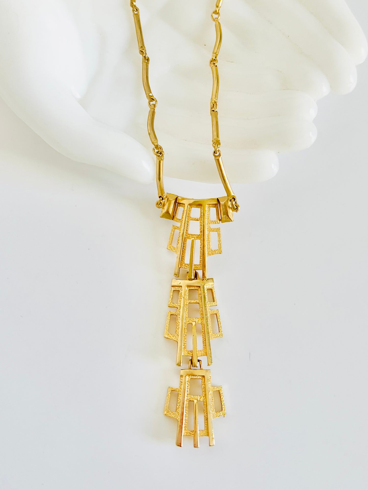 Vintage 1960s Brushed Gold Geometric Style Pendant Necklace
