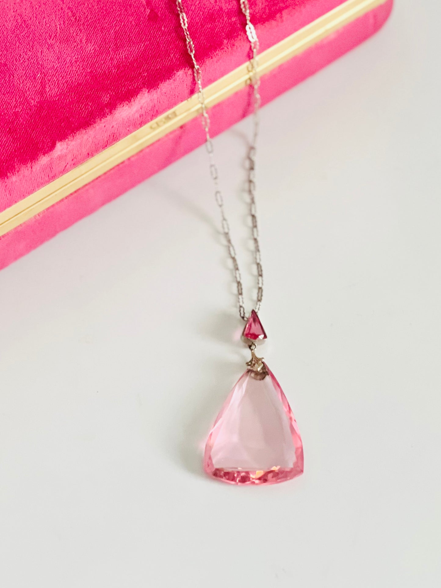 Vintage Pink Faceted Glass Triangle Pendant Necklace