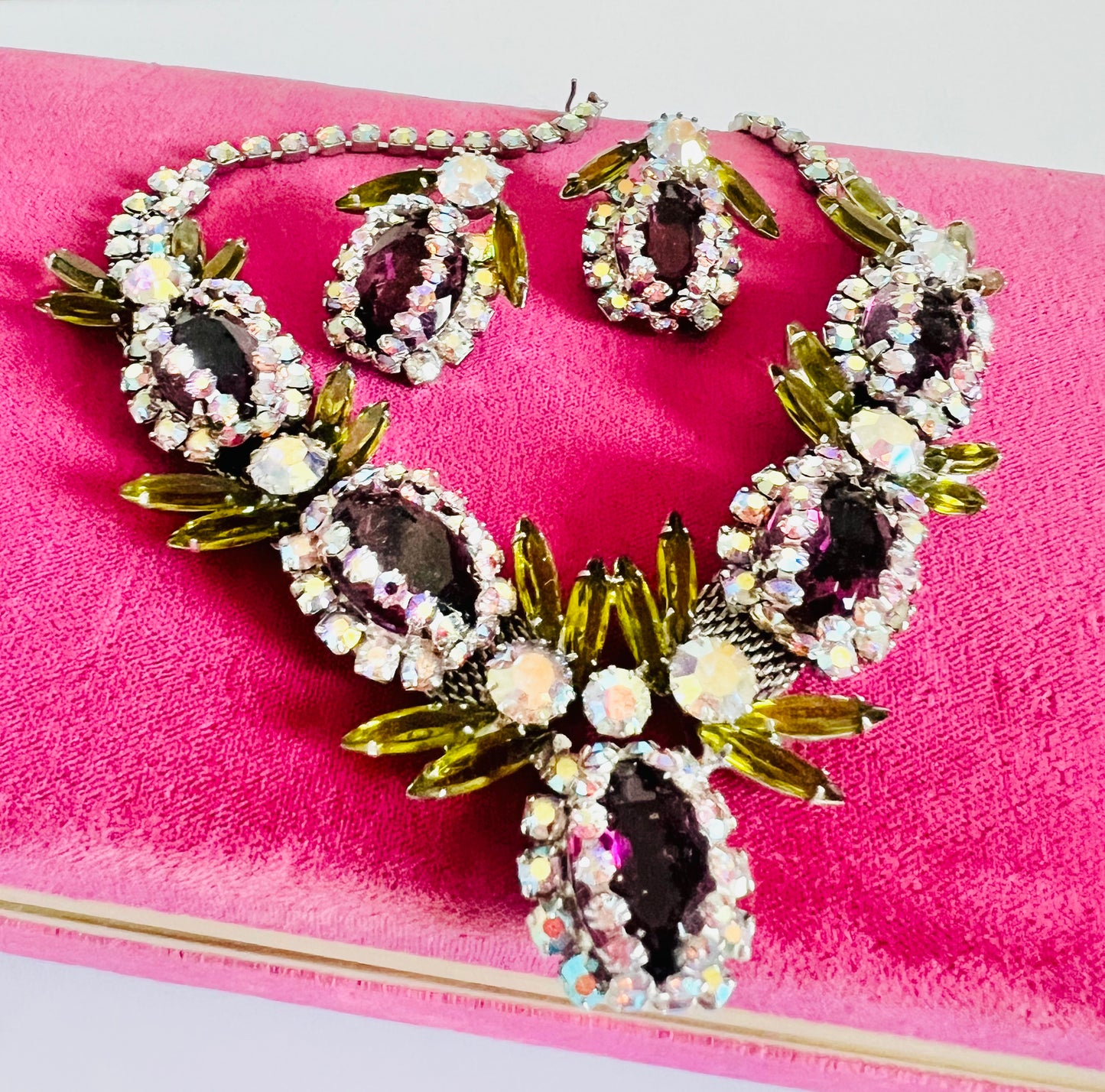 Vintage 1950s Art Glass AB Rhinestone Bib Necklace Set
