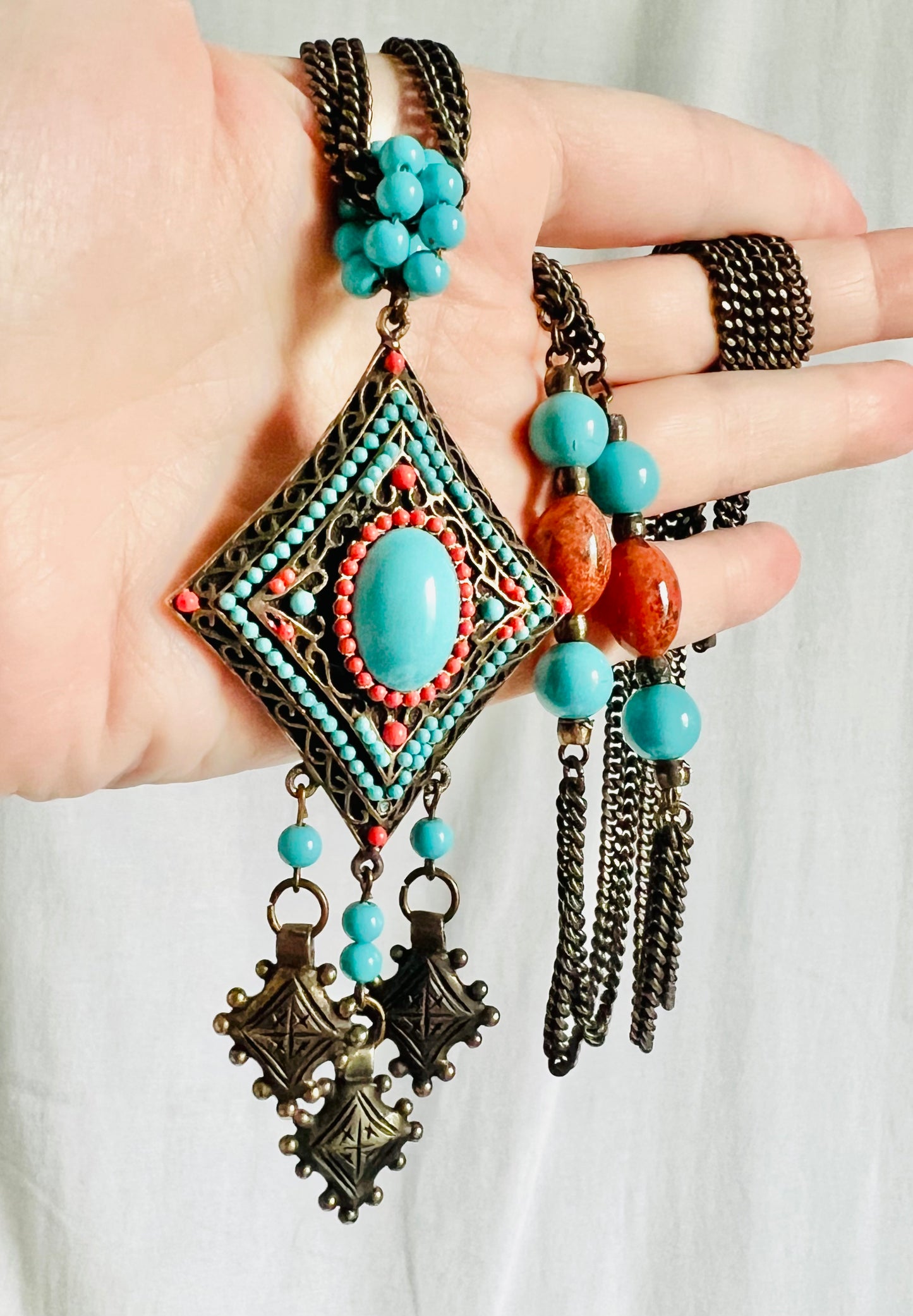 Vintage 1970s Signed Hobe Faux Turquoise and Coral Necklace