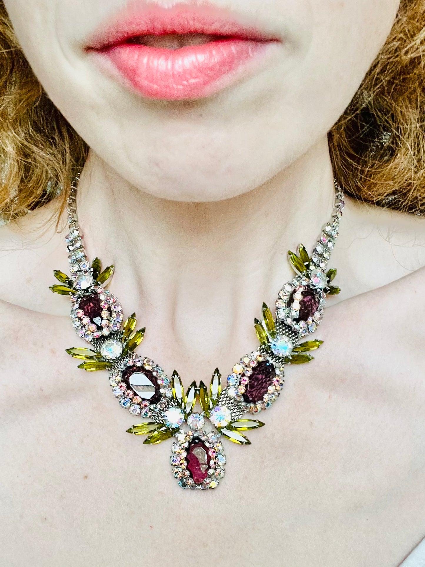 Vintage 1950s Art Glass AB Rhinestone Bib Necklace Set
