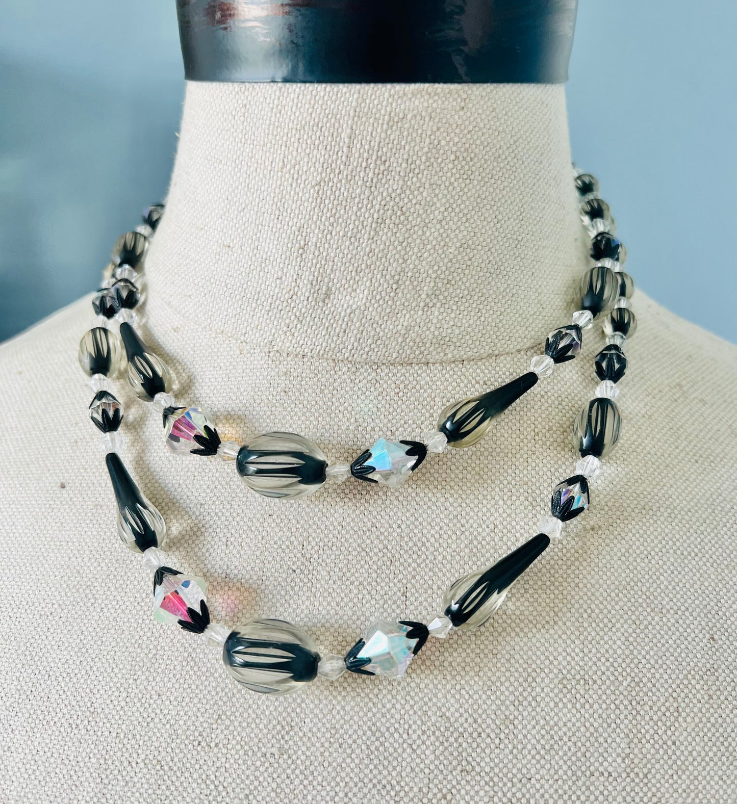 Vintage 1960s Black Givre Acrylic and Glass Beaded Necklace