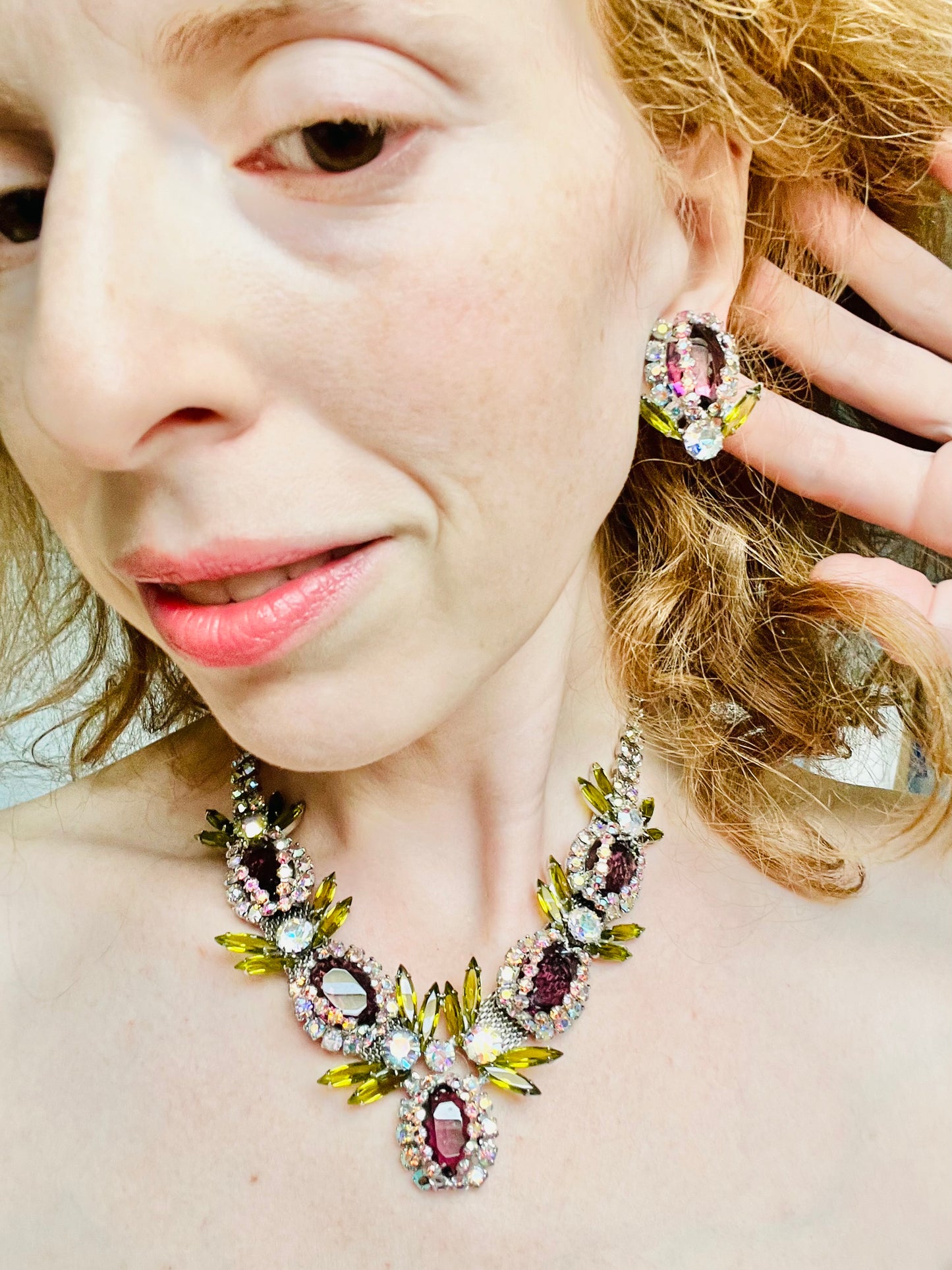 Vintage 1950s Art Glass AB Rhinestone Bib Necklace Set