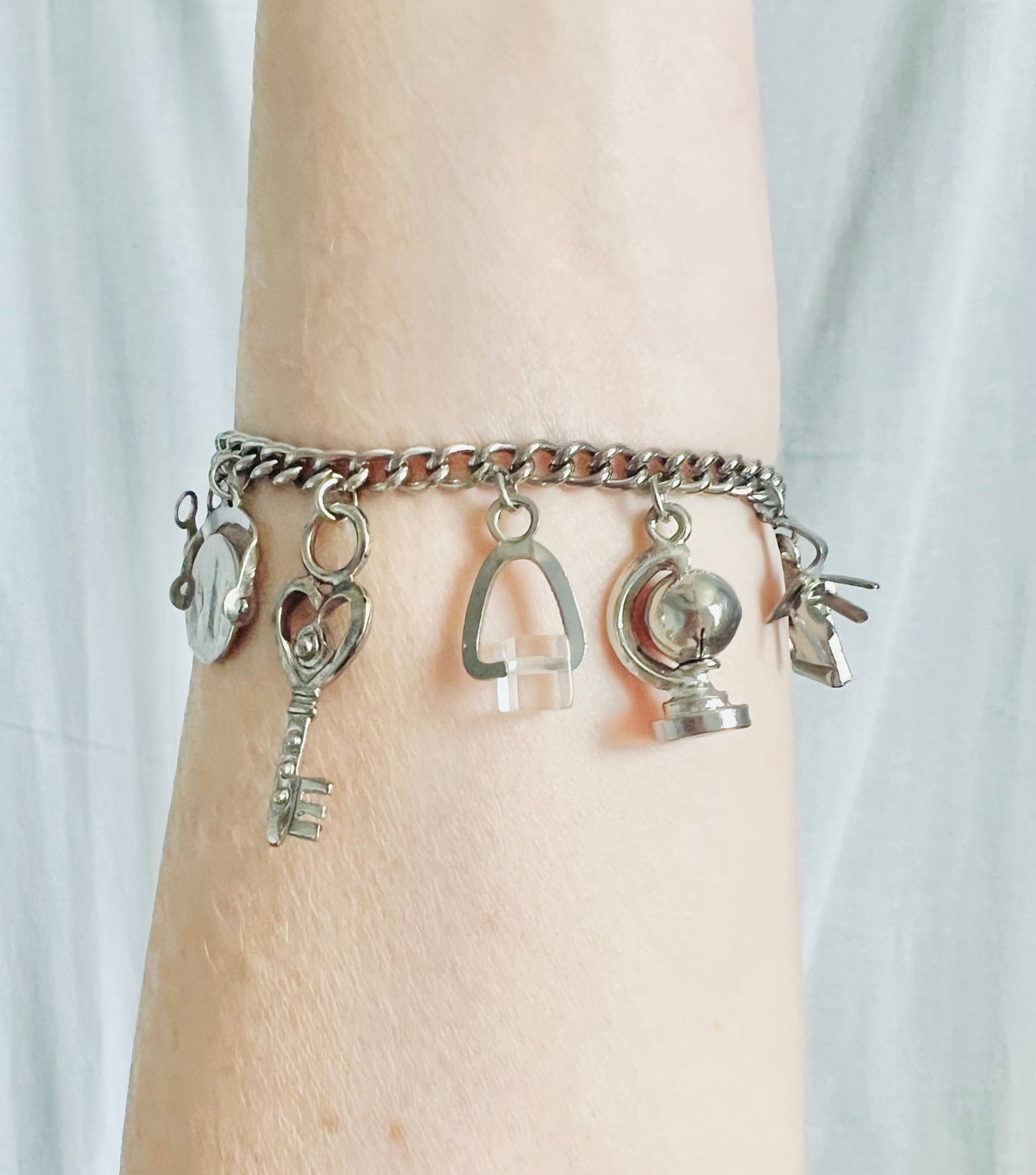 Vintage Silver Charms Chain Link Bracelet
