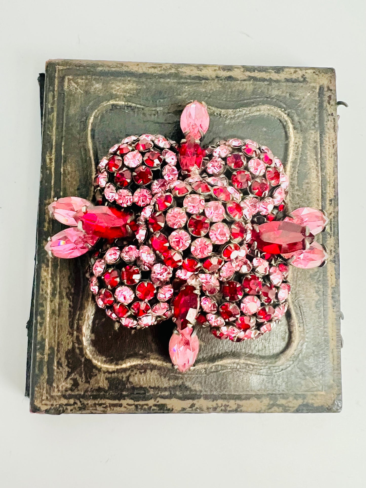 Rare Midcentury Vintage Unsigned Schreiner Pink and Red Brooch