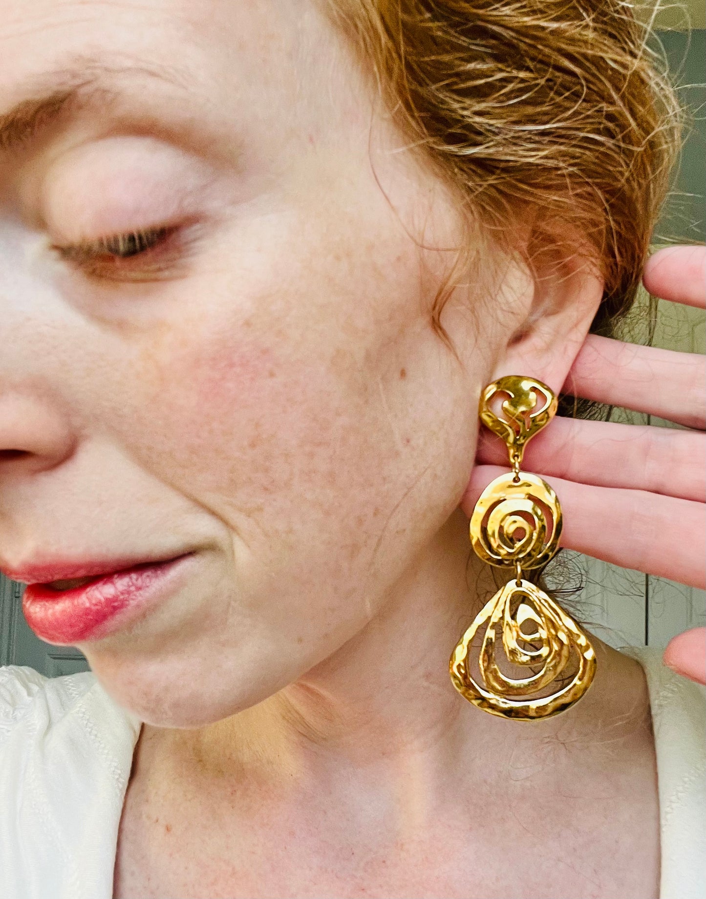 Vintage Large Shiny Gold Spiral Pierced Earrings