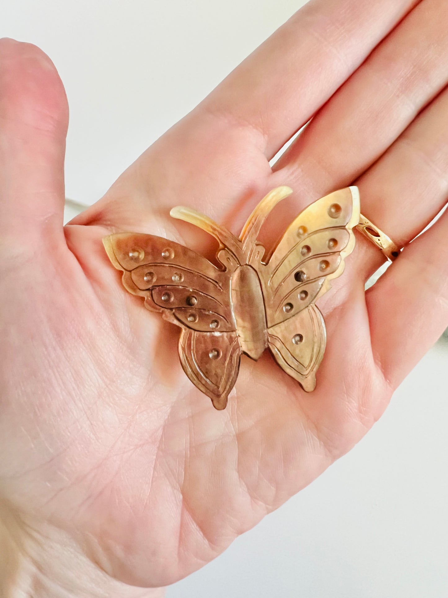 Vintage 1940s Carved Mother of Pearl Butterfly Brooch Pin