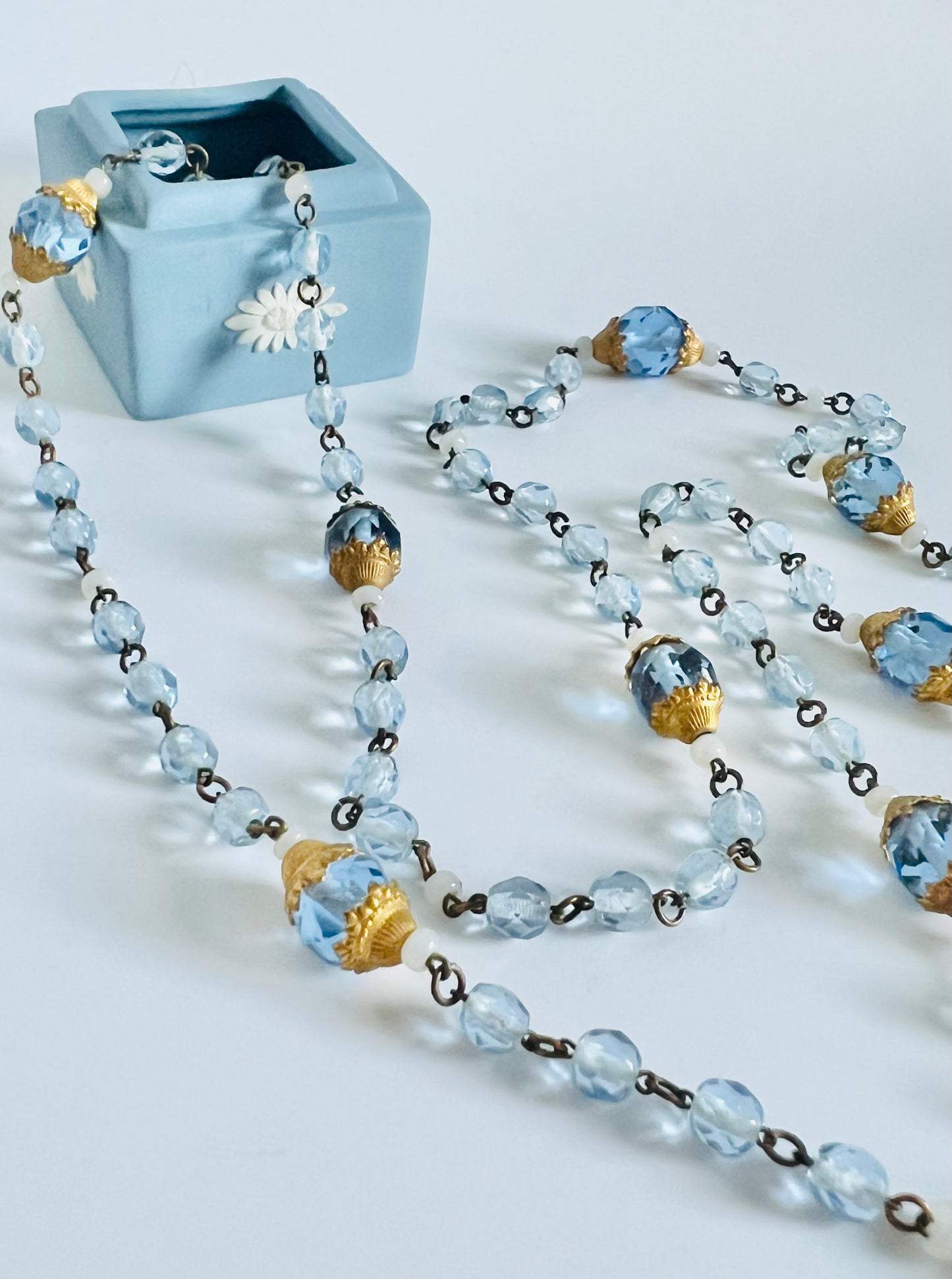 Art Deco 1930s Faceted Blue Glass Flapper Style Necklace