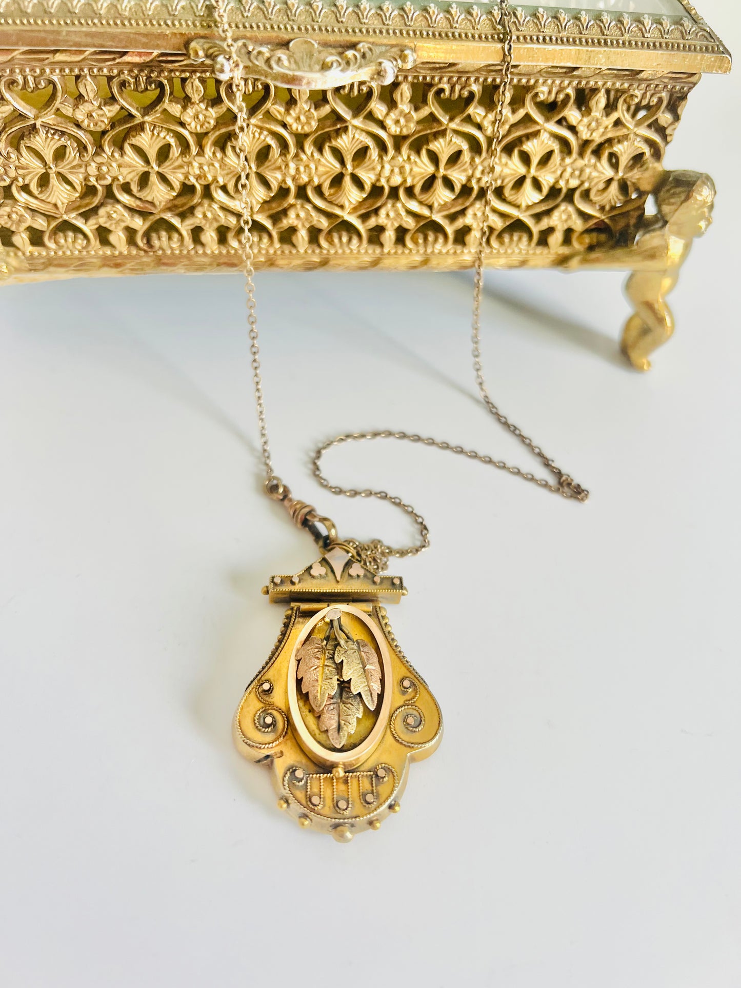 Antique Gold Filled Ornate Victorian Locket with Fob Chain