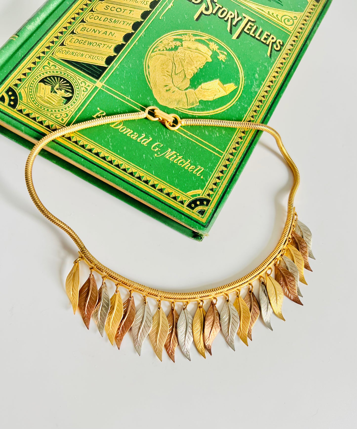 Vintage 1970s Mixed Metal Dangling Leaves Choker Necklace