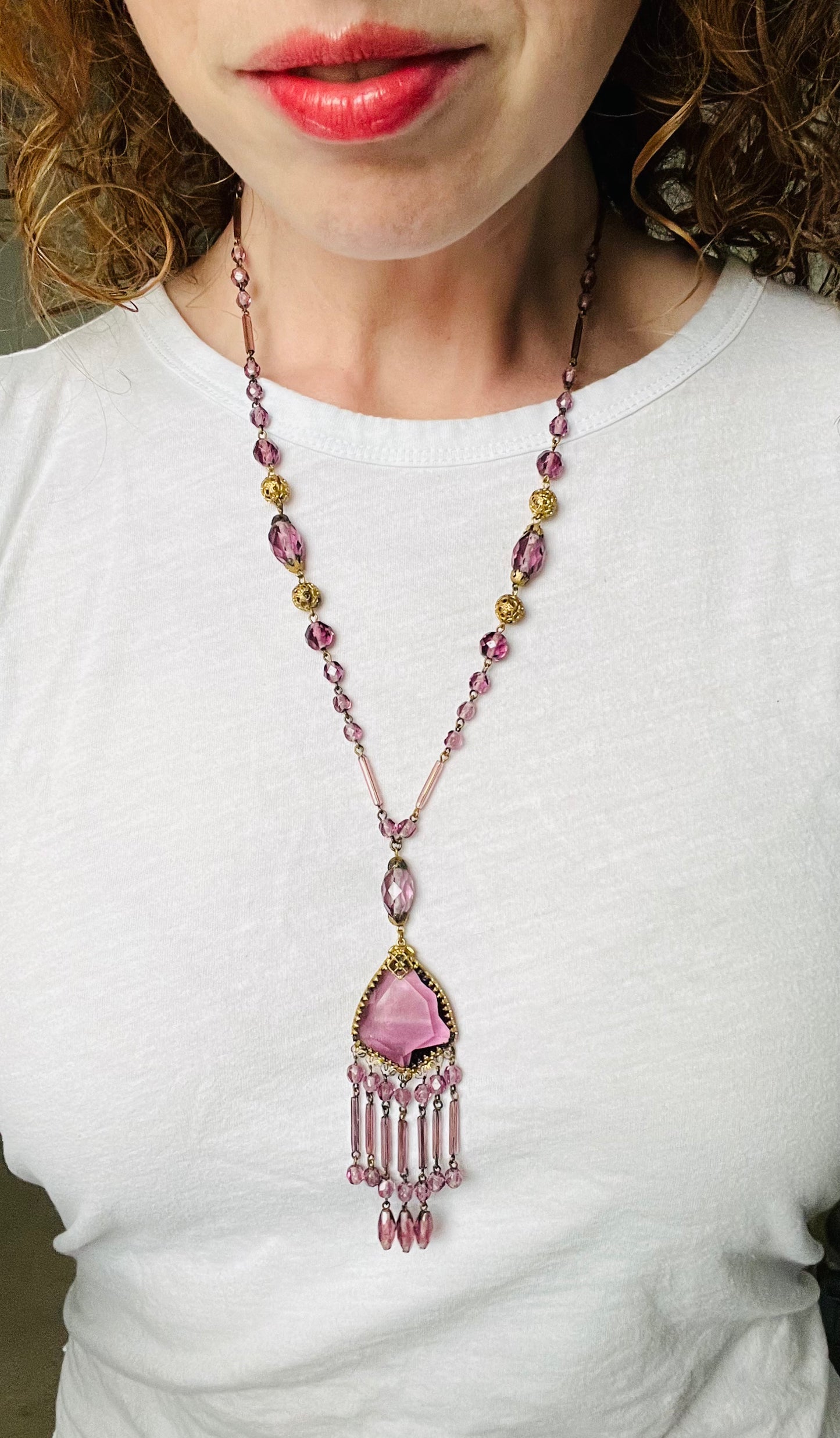 Art Deco Purple Czech Glass Long Beaded Necklace