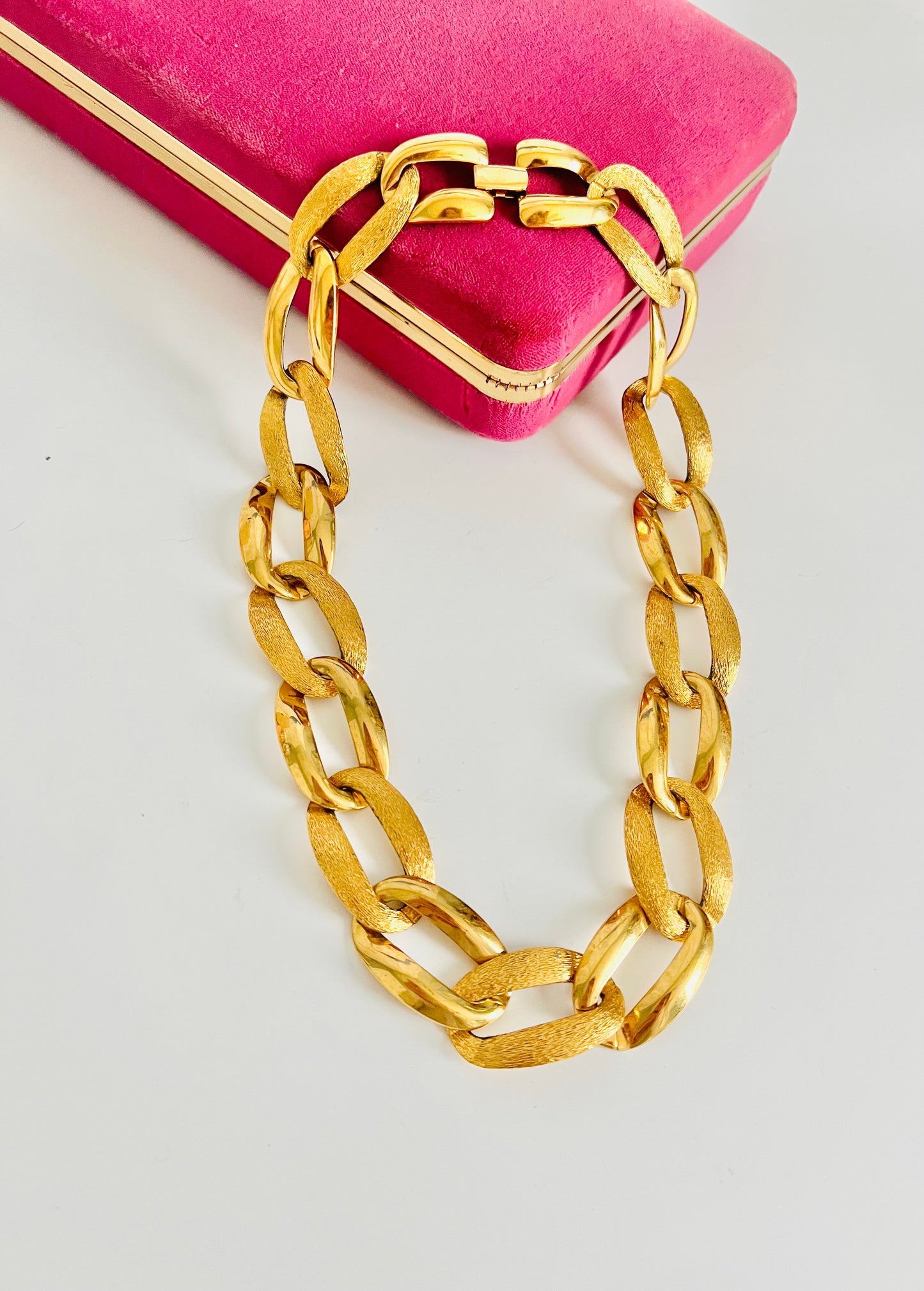 Vintage Napier Large Oval Shiny and Brushed Gold Chain Link Necklace