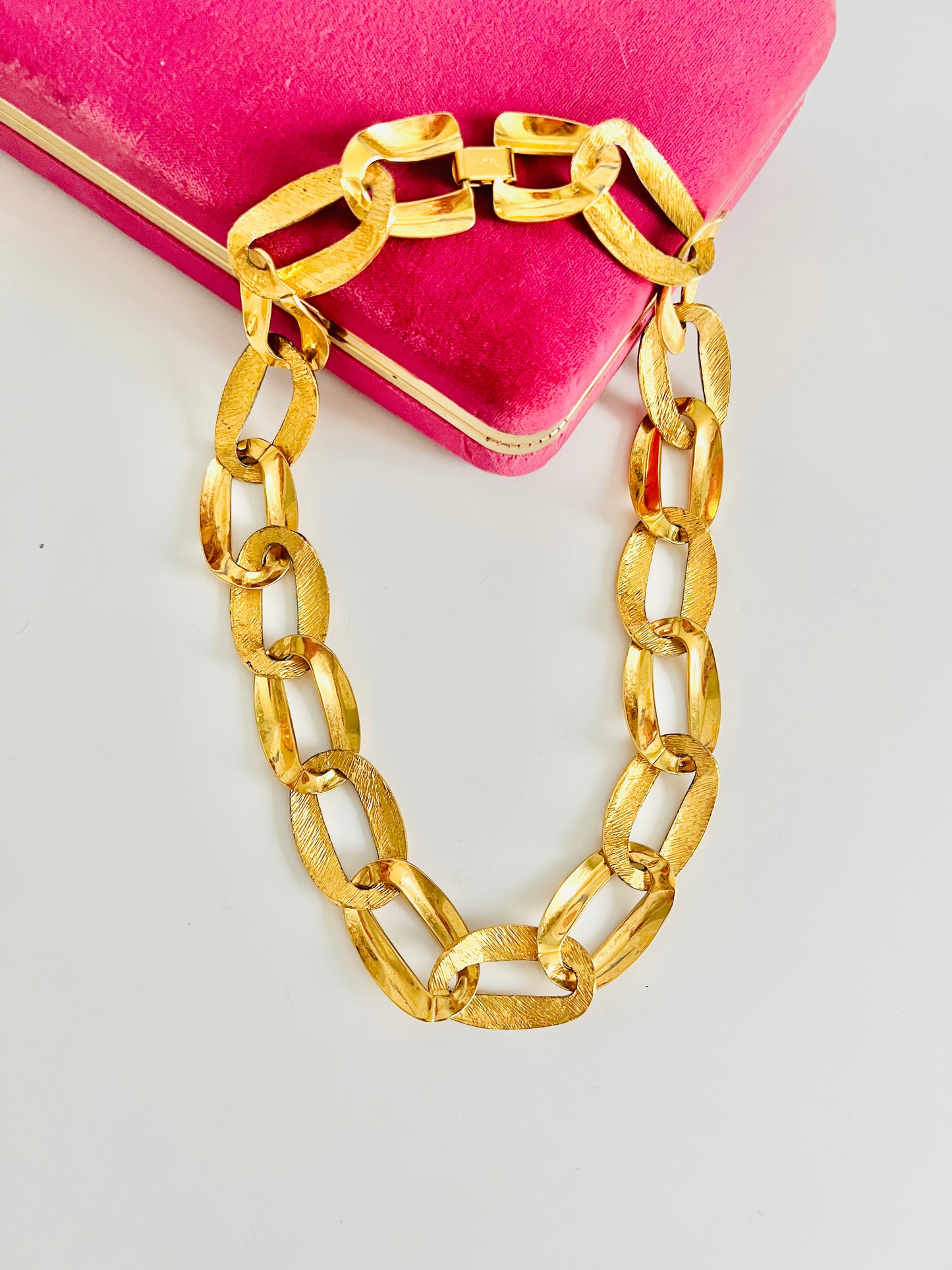 Vintage Napier Large Oval Shiny and Brushed Gold Chain Link Necklace