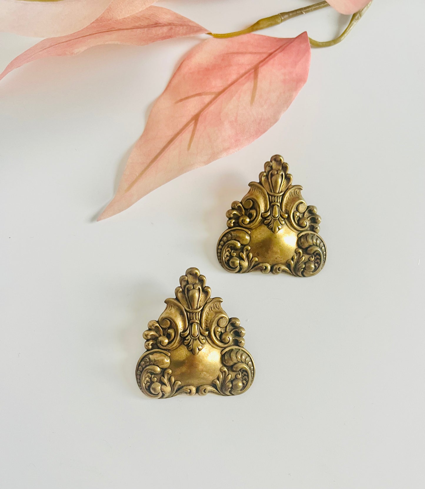 Vintage Ornate Brass Triangle Victorian Revival Style Earrings