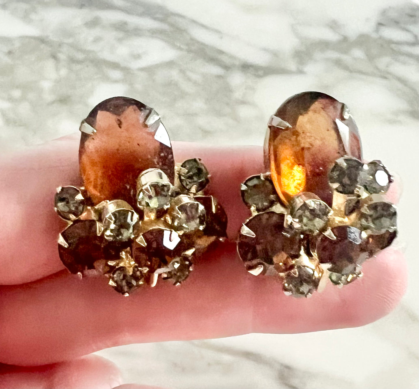 Vintage Rhinestone 1960s Amber and Grey Glass Clip Earrings