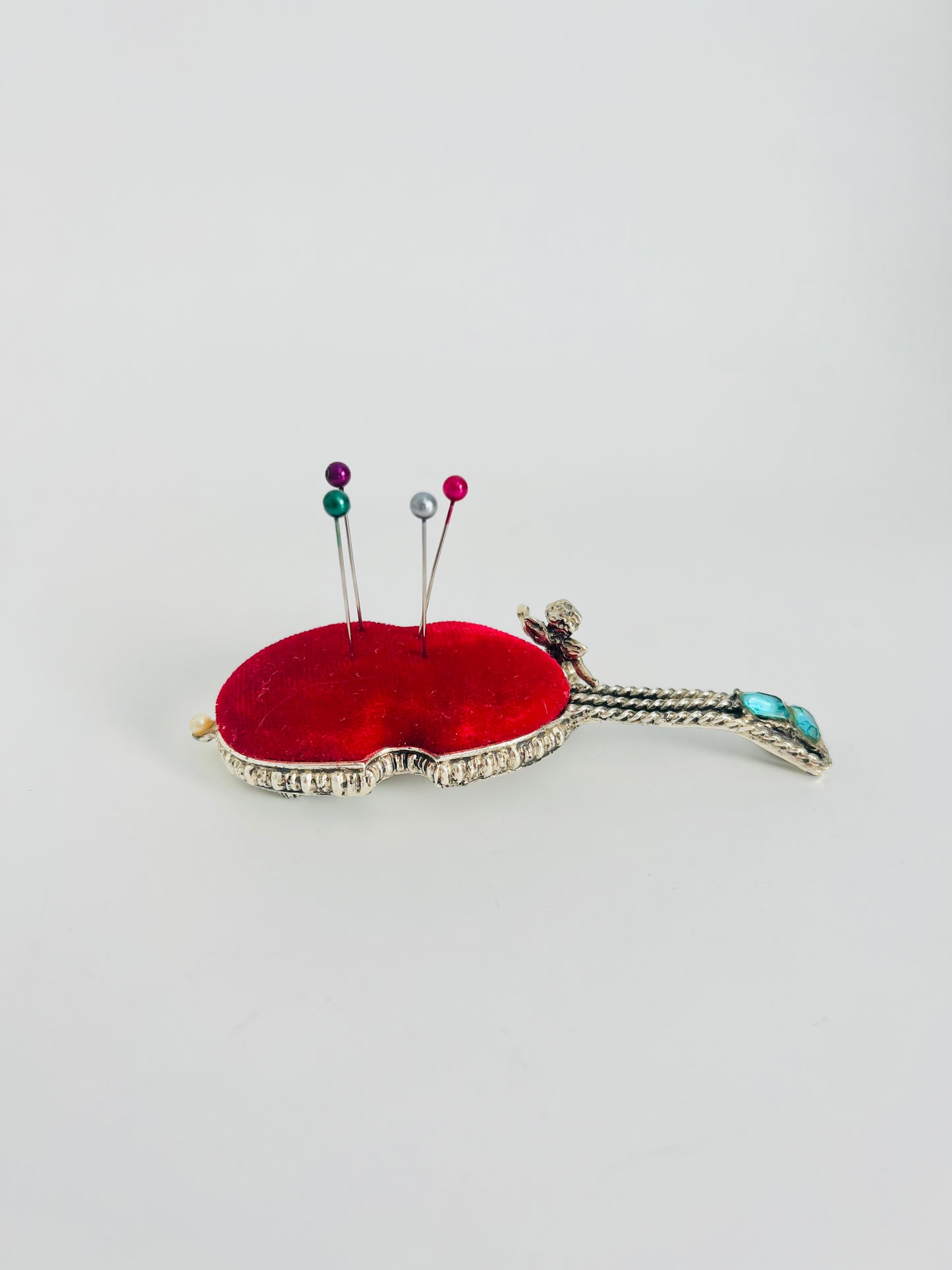 Vintage Boudoir Cherub Violin Rhinestone Red Pin Cushion