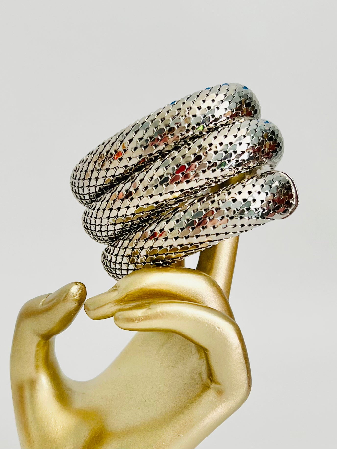 Vintage 1970s Signed Whiting and Davis Silver Mesh Triple Coil Snake Bracelet