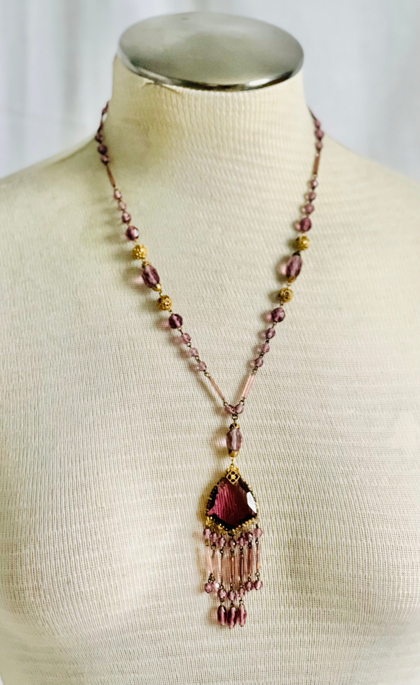 Art Deco Purple Czech Glass Long Beaded Necklace