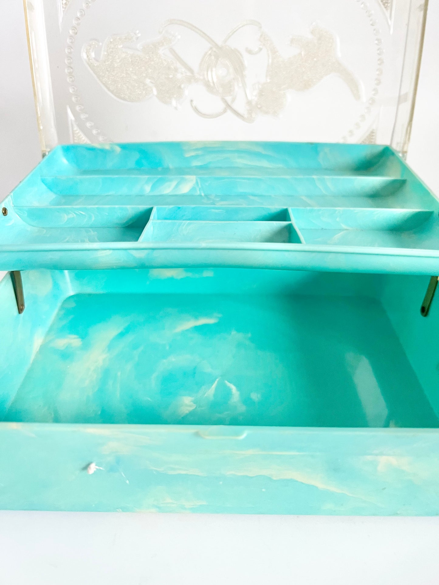 Vintage 1950s Homer Turquoise Marbled Plastic Kittens Jewelry Box