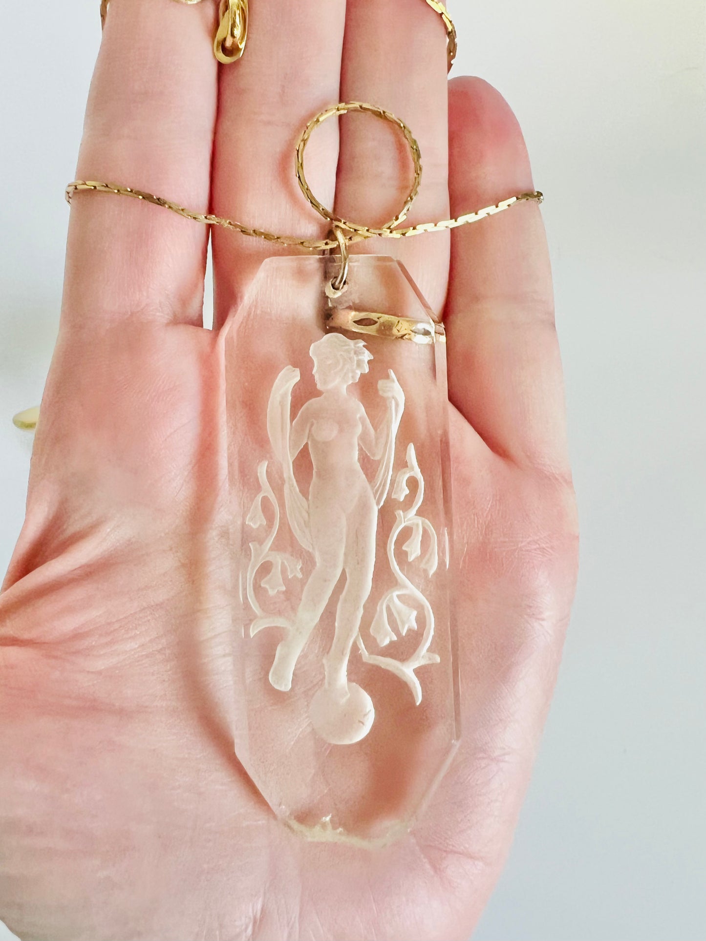Vintage Reverse Carved Glass Ethereal Goddess Pendant Necklace