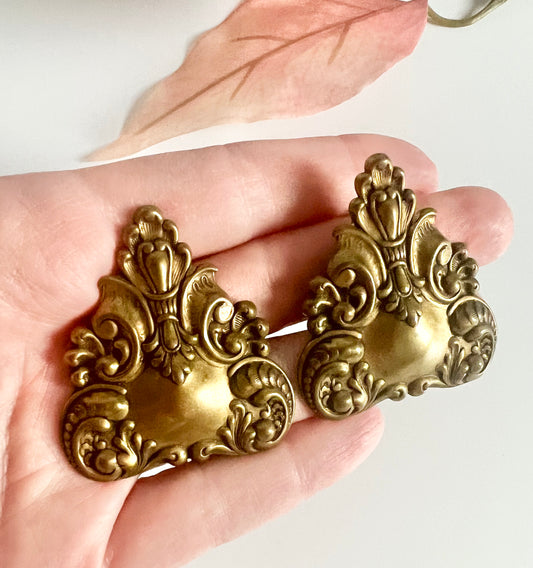 Vintage Ornate Brass Triangle Victorian Revival Style Earrings