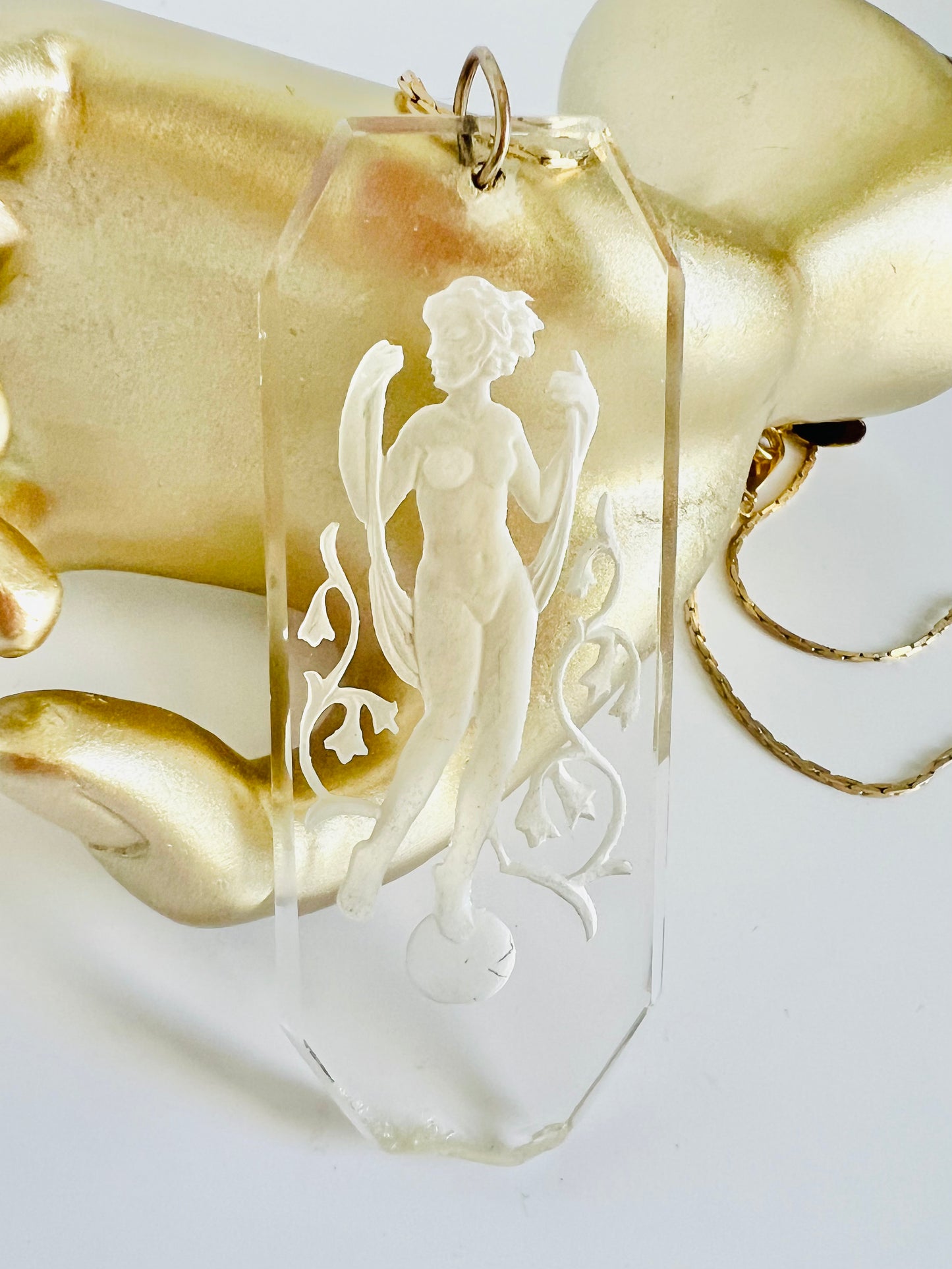 Vintage Reverse Carved Glass Ethereal Goddess Pendant Necklace