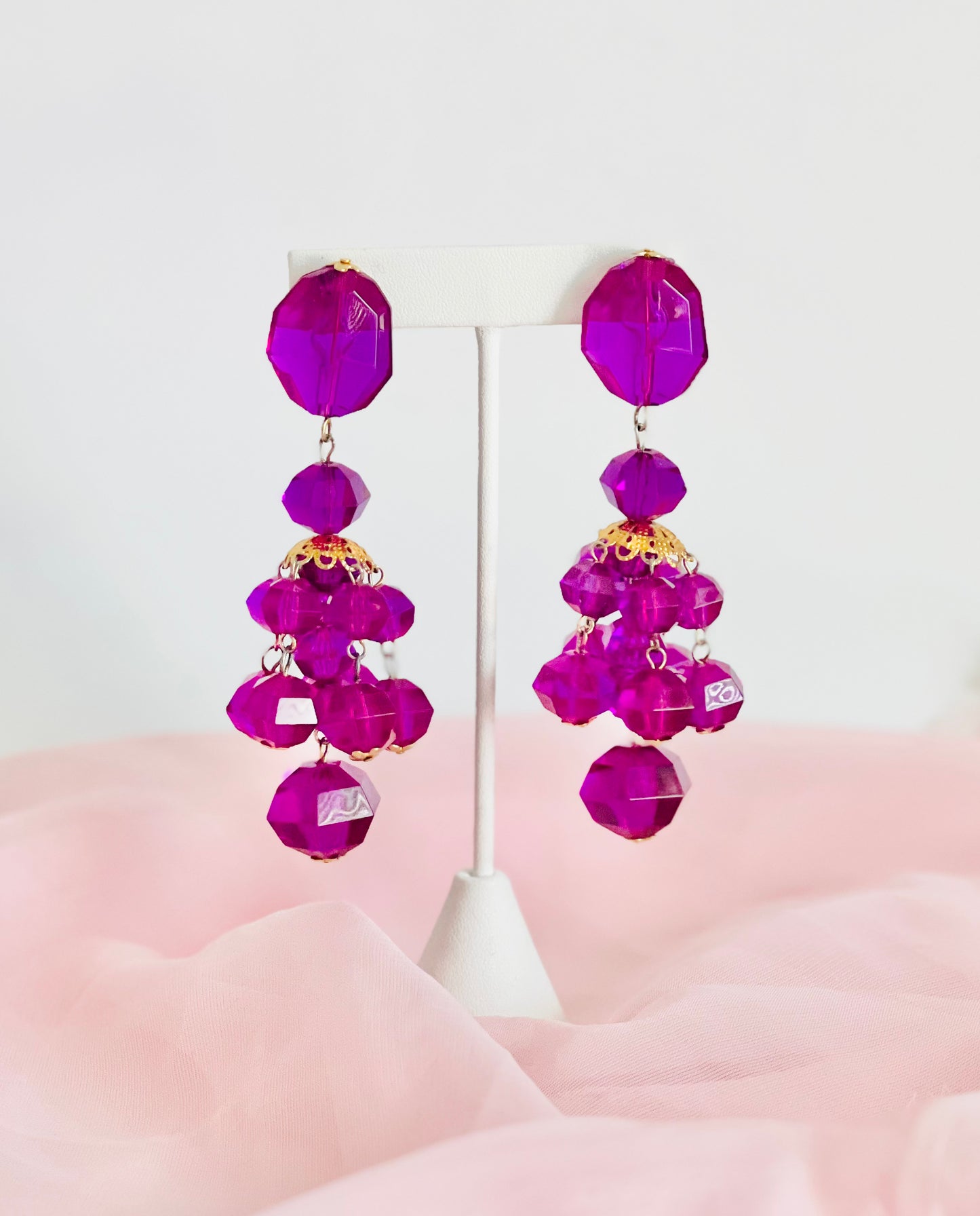 Vintage 1980s Purple Acrylic Chandelier Pierced Earrings