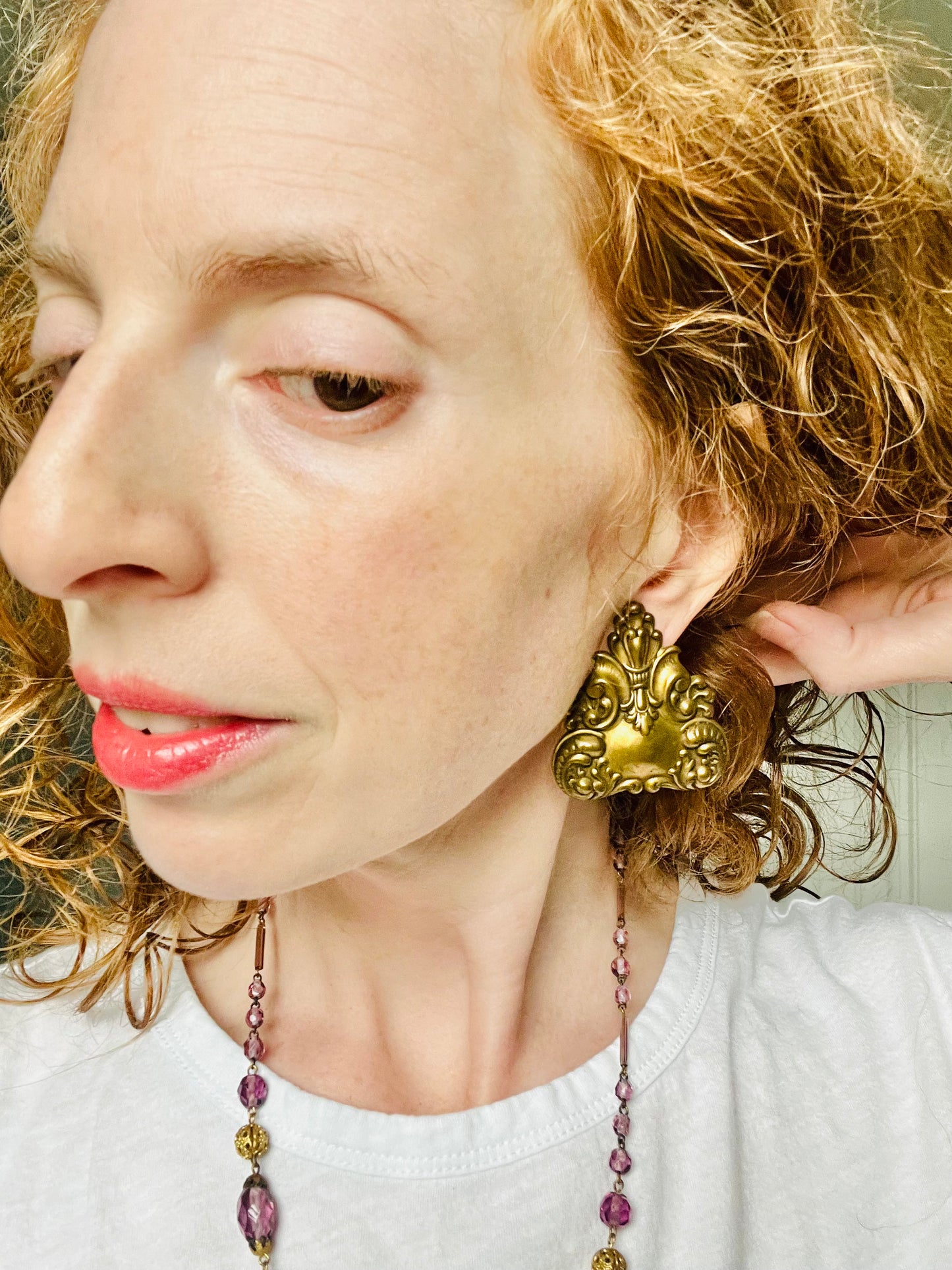 Vintage Ornate Brass Triangle Victorian Revival Style Earrings