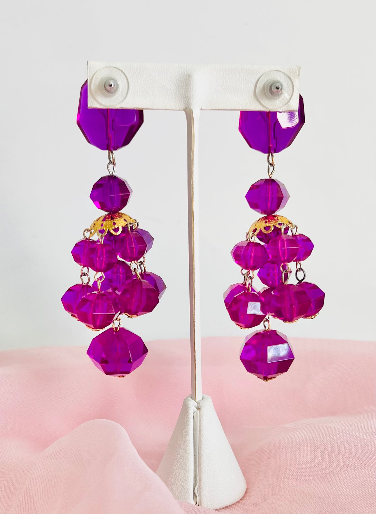 Vintage 1980s Purple Acrylic Chandelier Pierced Earrings