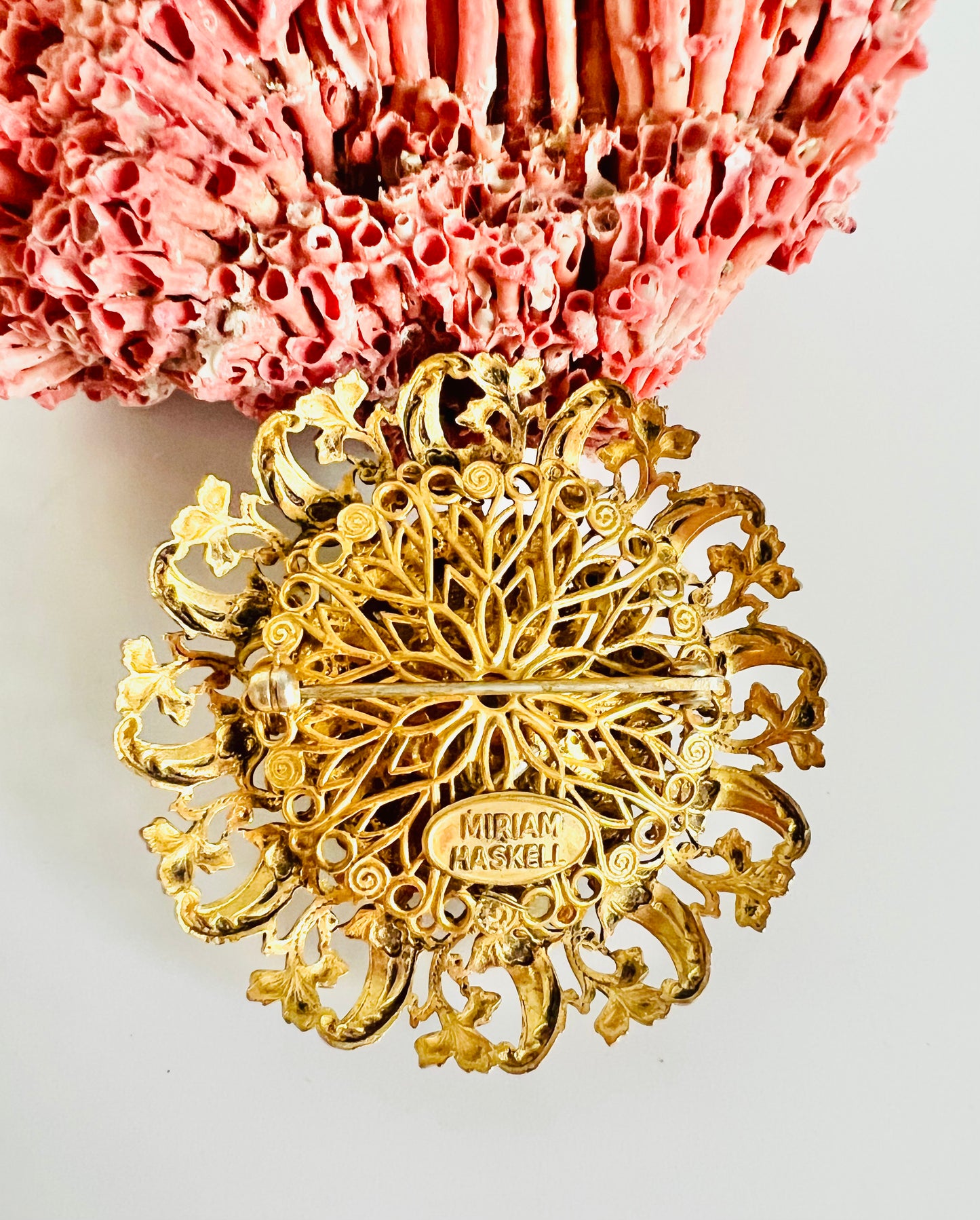Signed Miriam Haskell Baroque Pearl Russian Gold Brooch Pin