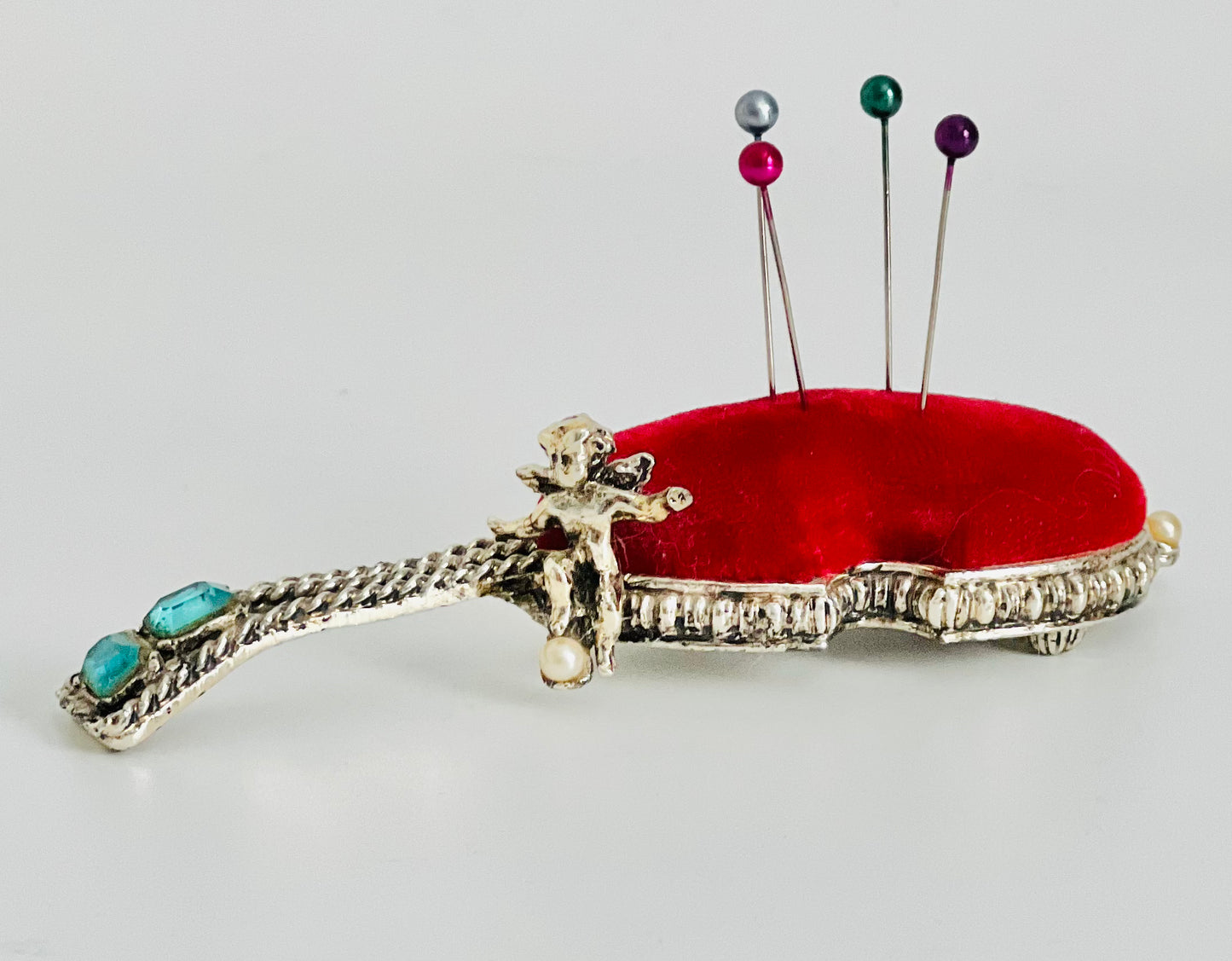 Vintage Boudoir Cherub Violin Rhinestone Red Pin Cushion