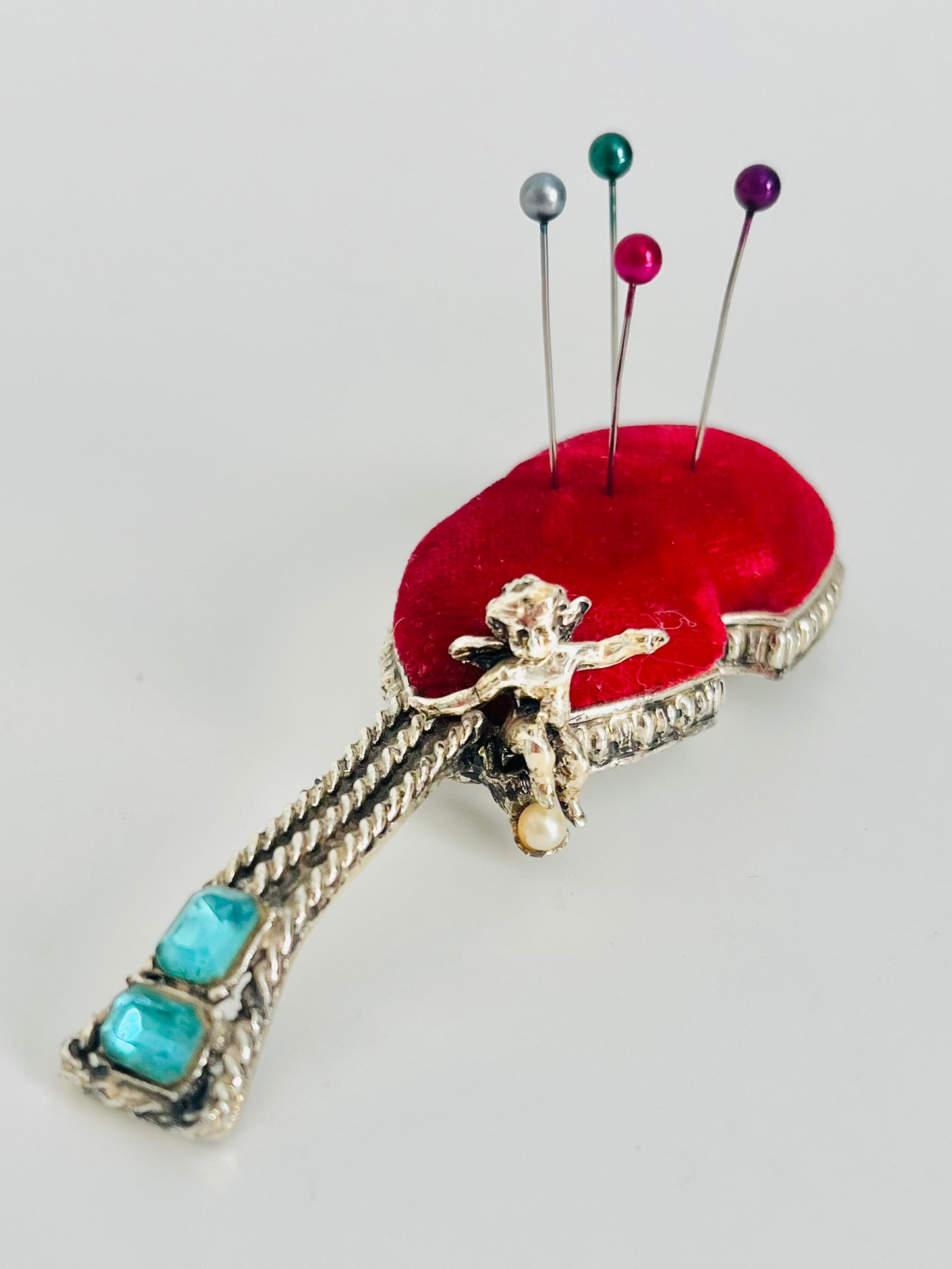 Vintage Boudoir Cherub Violin Rhinestone Red Pin Cushion