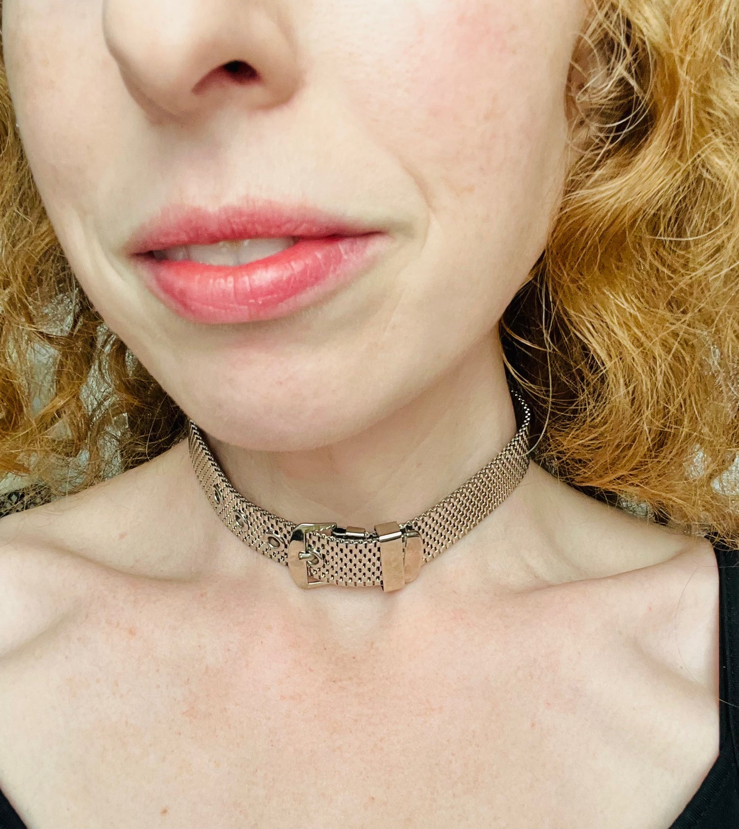Deadstock Vintage 1970s Silver Tone Mesh Buckle Necklace