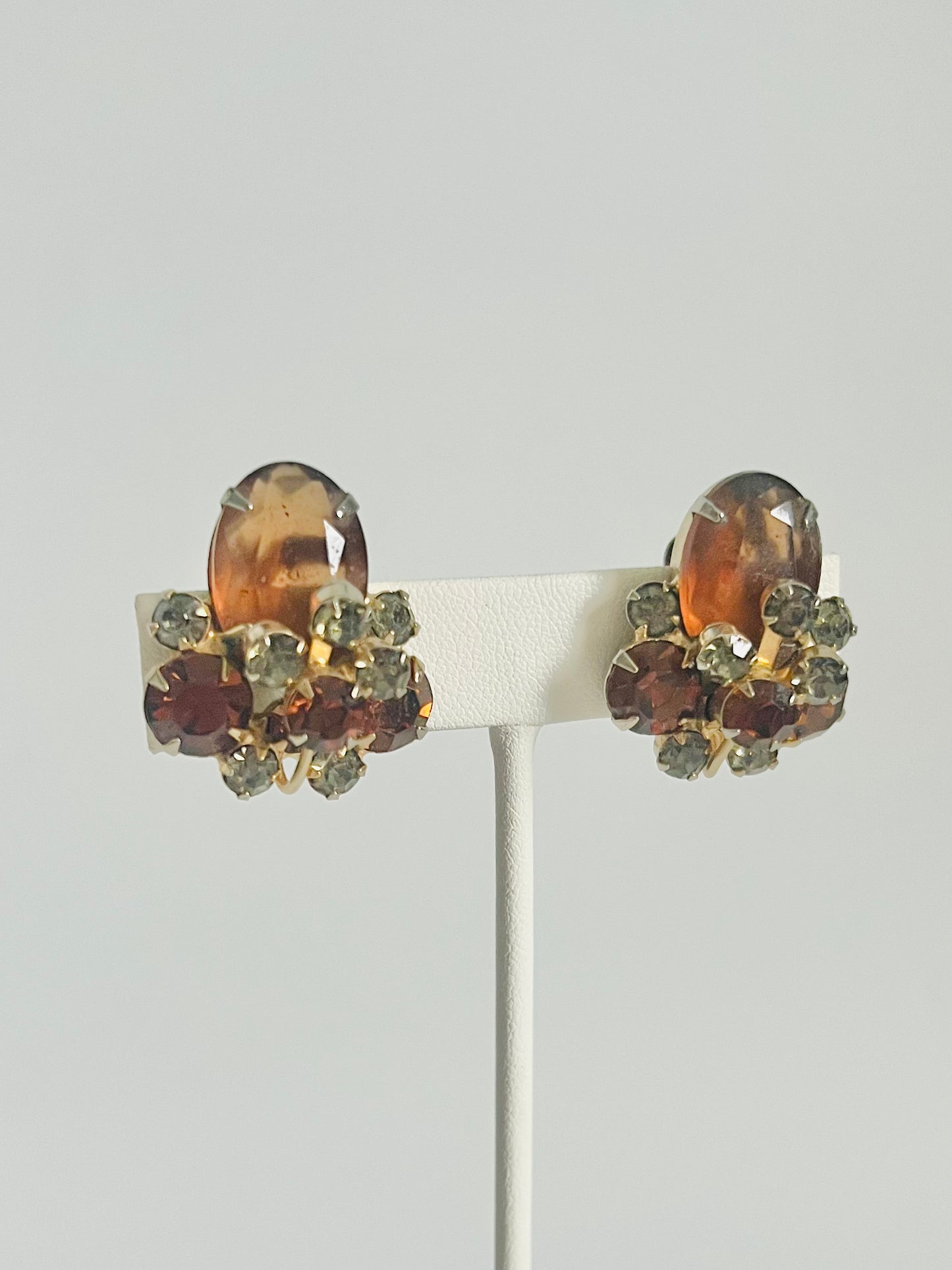Vintage Rhinestone 1960s Amber and Grey Glass Clip Earrings