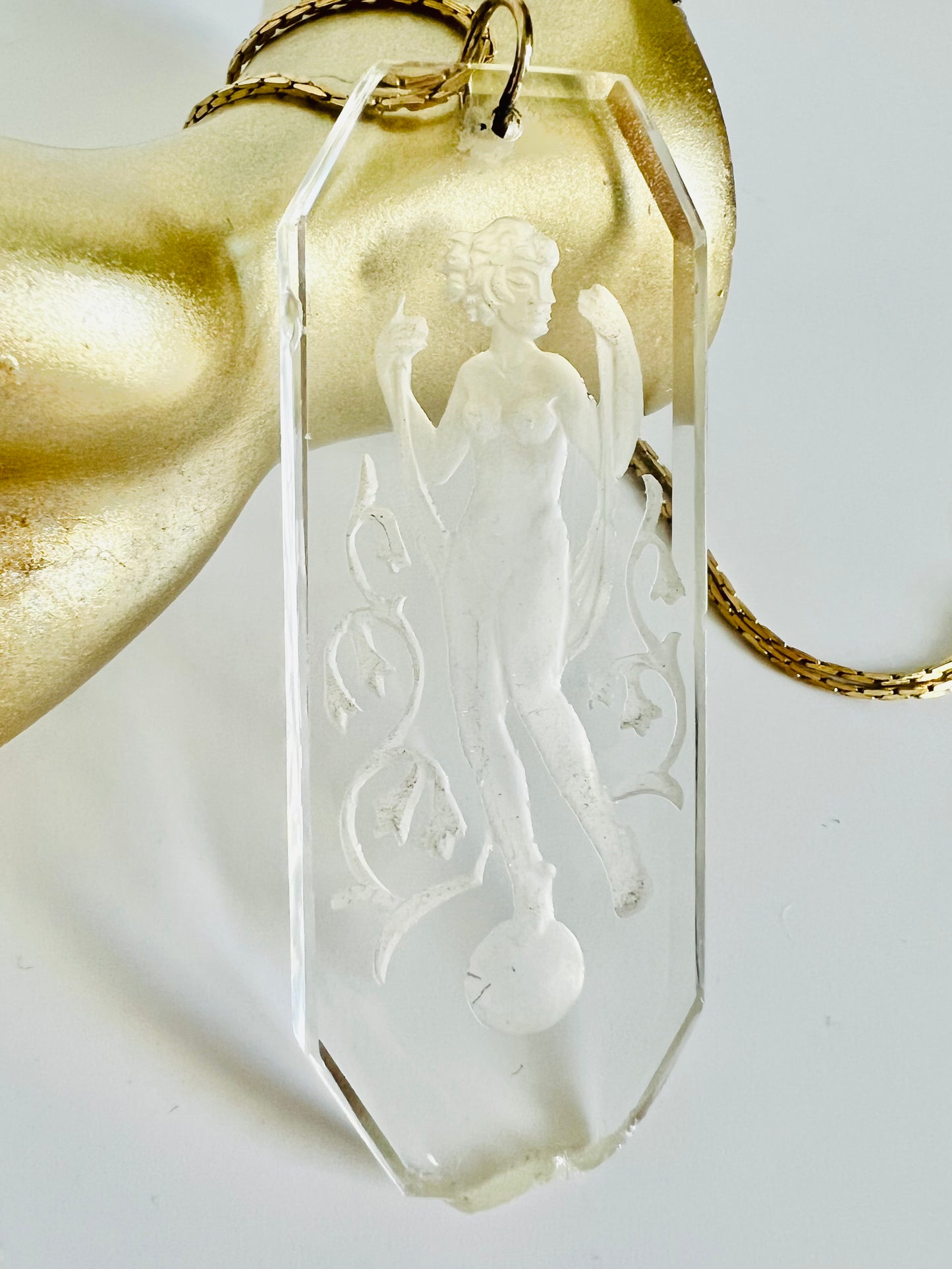 Vintage Reverse Carved Glass Ethereal Goddess Pendant Necklace