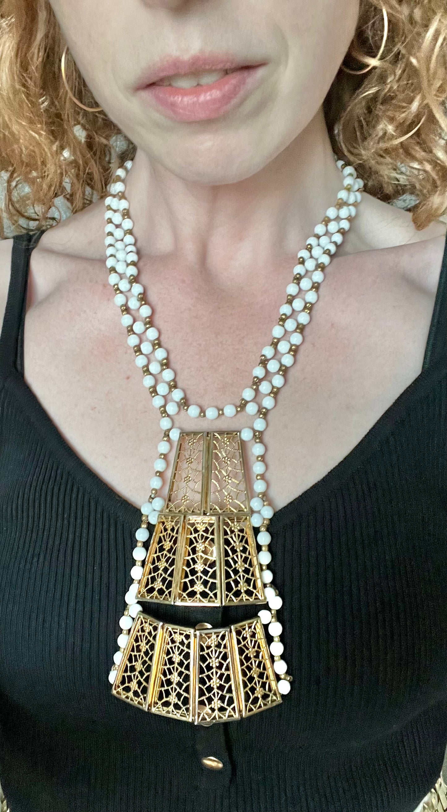 Rare Vintage Castlecliff White Milk Glass and Gold Filigree Statement Necklace