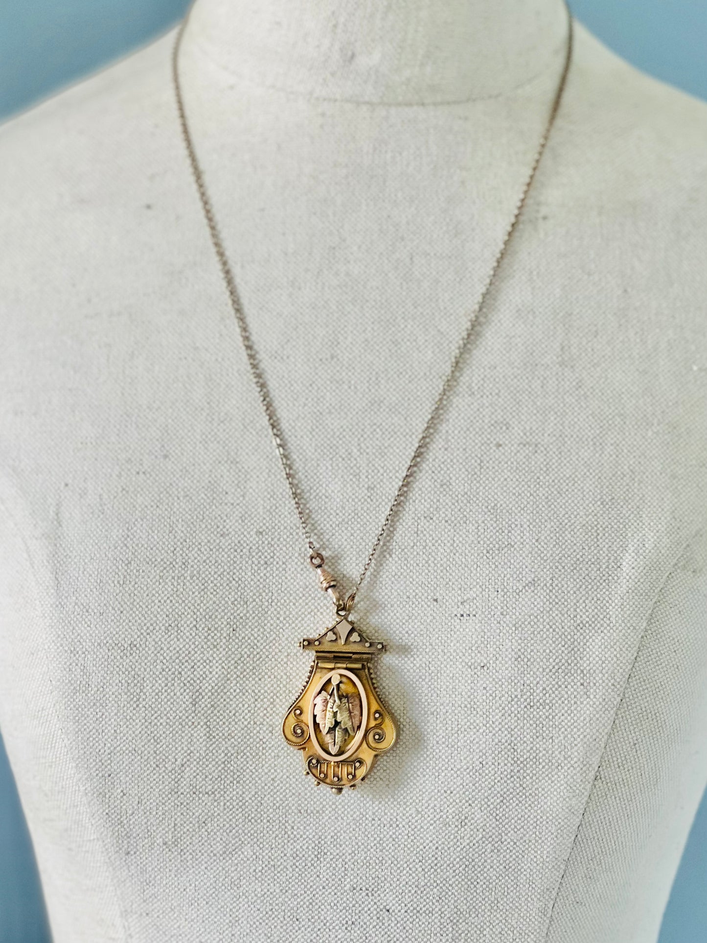 Antique Gold Filled Ornate Victorian Locket with Fob Chain