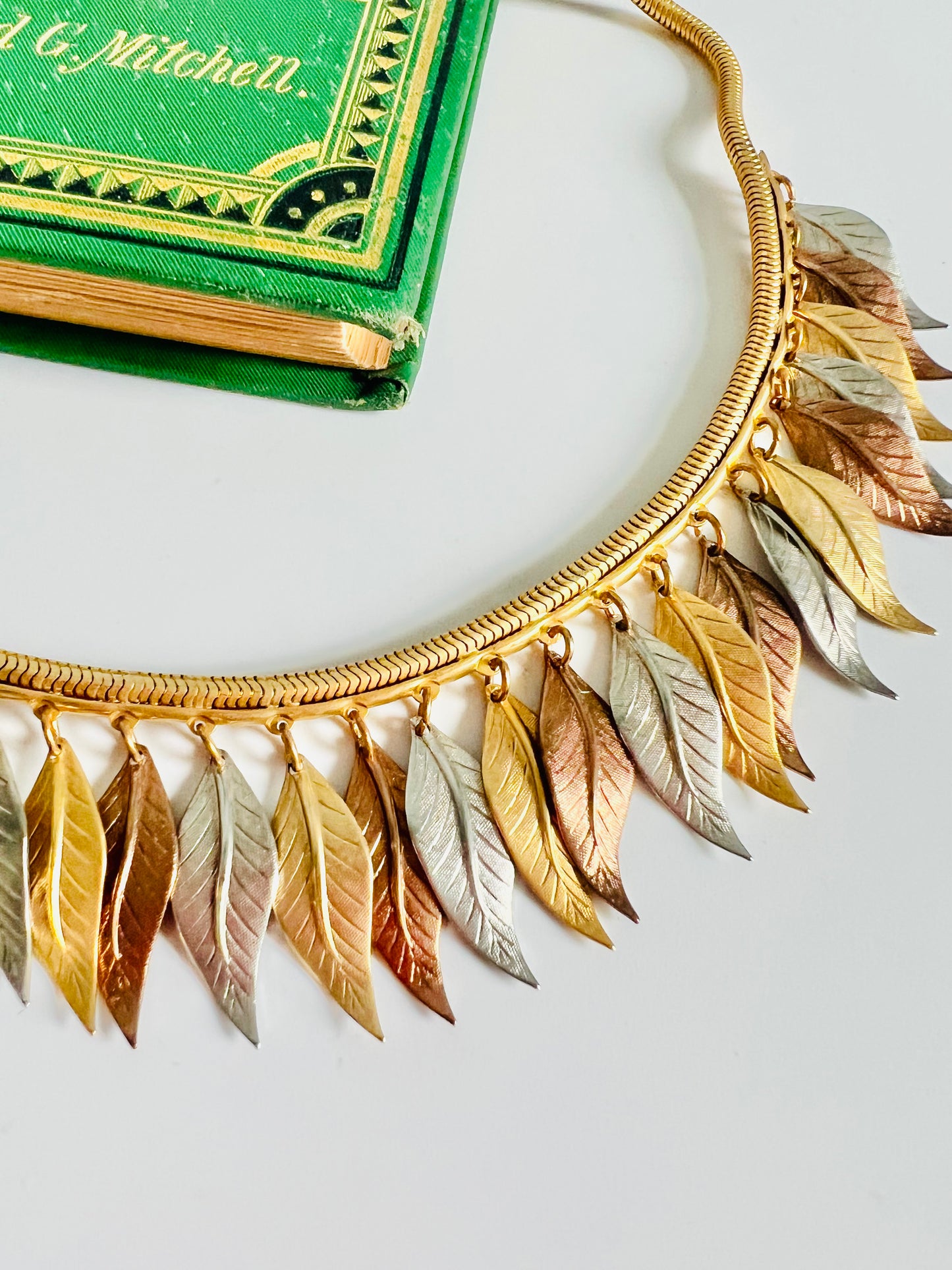 Vintage 1970s Mixed Metal Dangling Leaves Choker Necklace