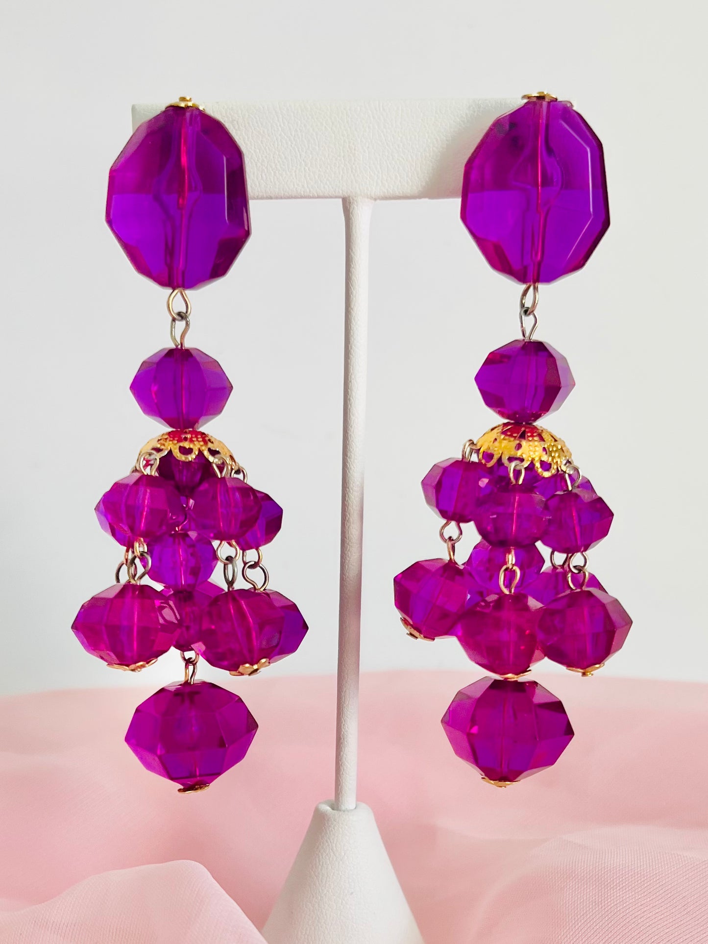 Vintage 1980s Purple Acrylic Chandelier Pierced Earrings
